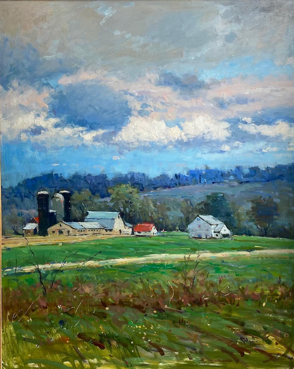 Spring Barns, Bucks County, original 30x24 impressionist landscape - Painting by Jim Rodgers