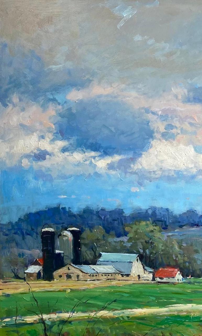 Spring Barns, Bucks County, original 30x24 impressionist landscape - Impressionist Painting by Jim Rodgers