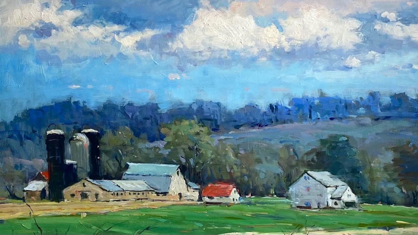 Spring Barns, Bucks County, original 30x24 impressionist landscape - Brown Landscape Painting by Jim Rodgers