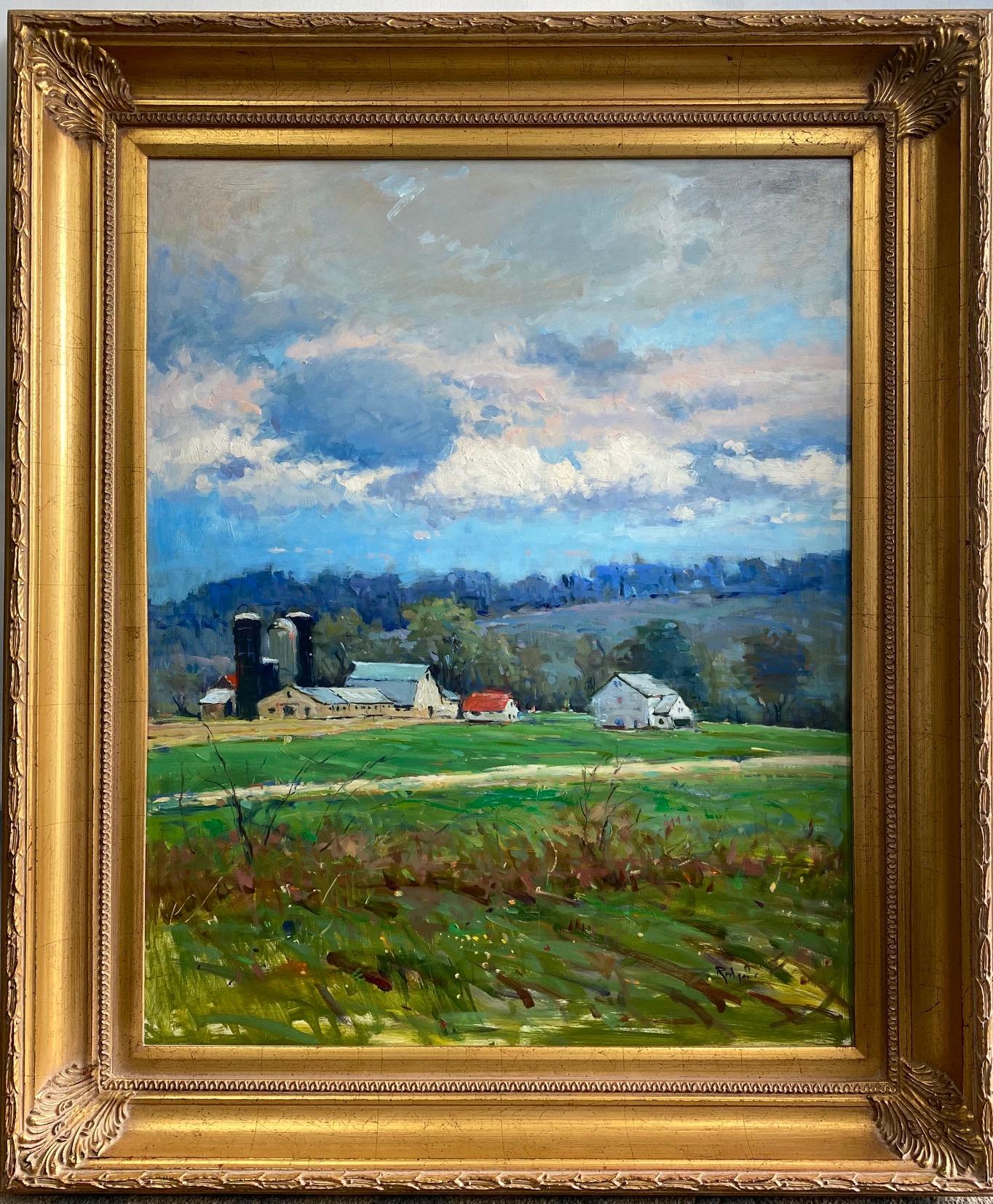 Jim Rodgers Landscape Painting - Spring Barns, Bucks County, original 30x24 impressionist landscape