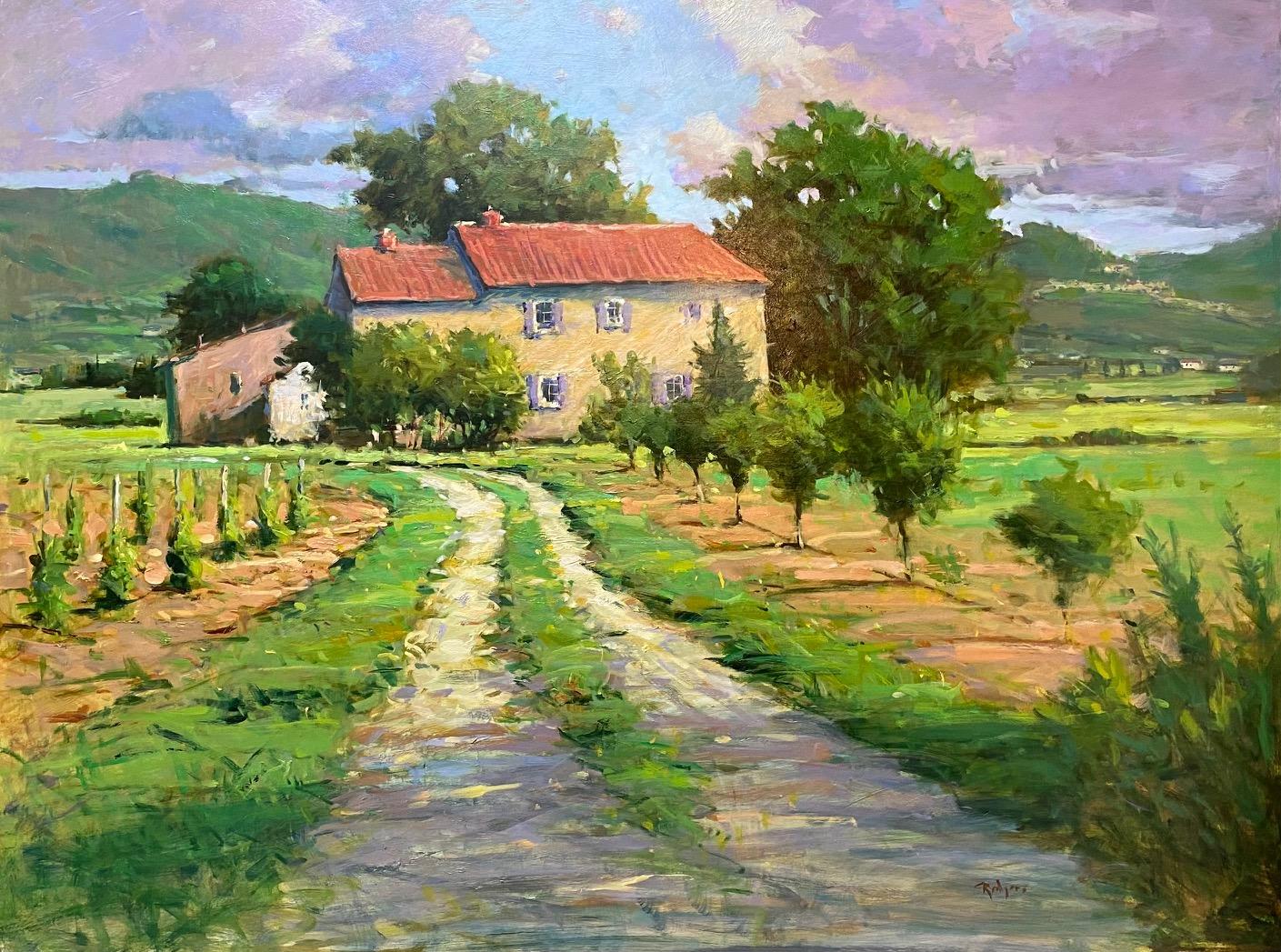 Summer, French Farmhouse, 36x48 original impressionist landscape - Painting by Jim Rodgers