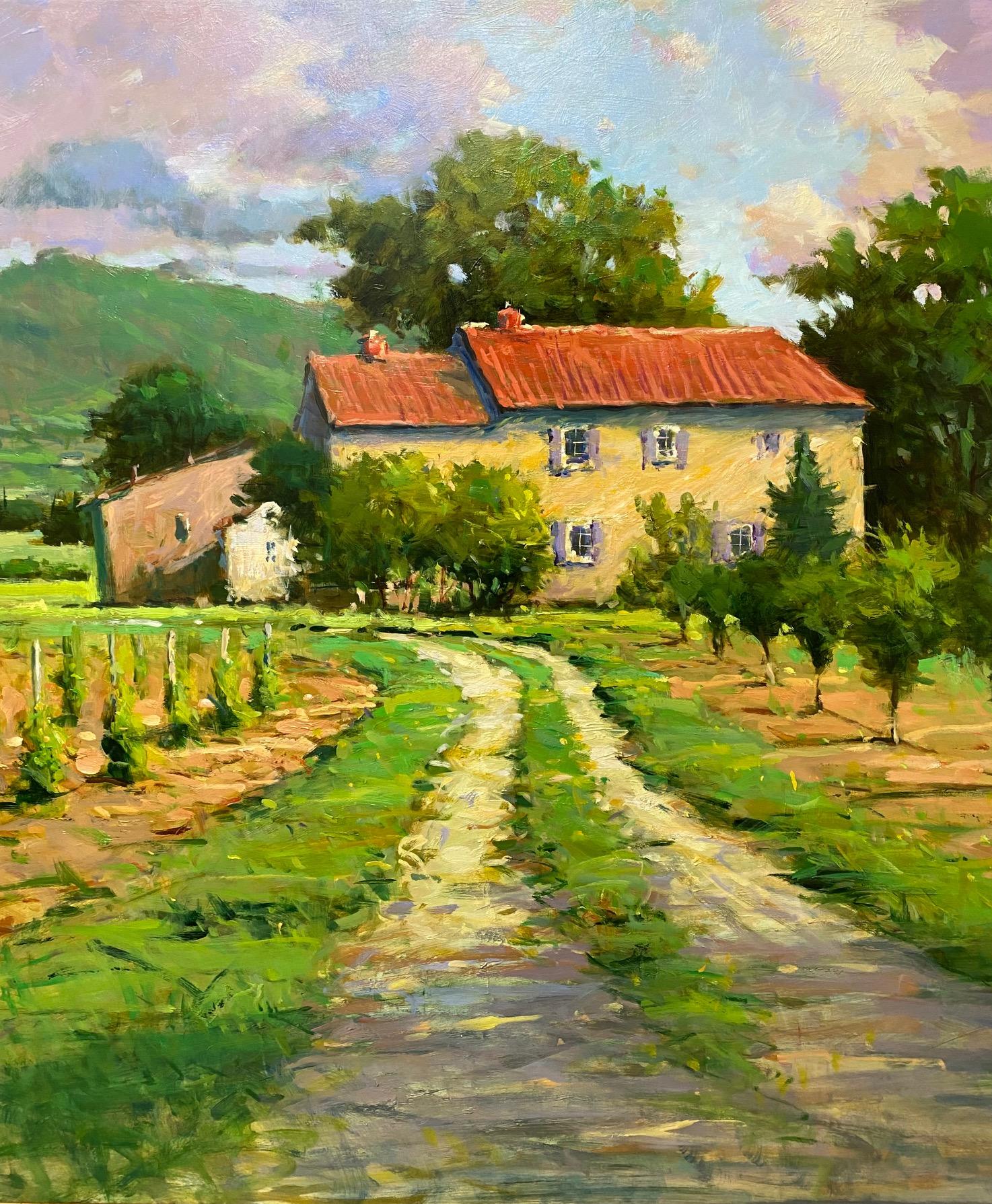 Summer, French Farmhouse, 36x48 original impressionist landscape - Impressionist Painting by Jim Rodgers