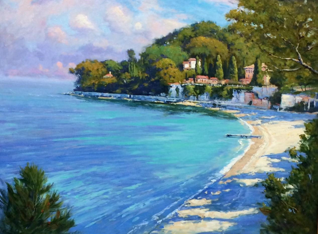 Summer in Cap Ferrat, original 30x40 French impressionist marine landscape - Painting by Jim Rodgers