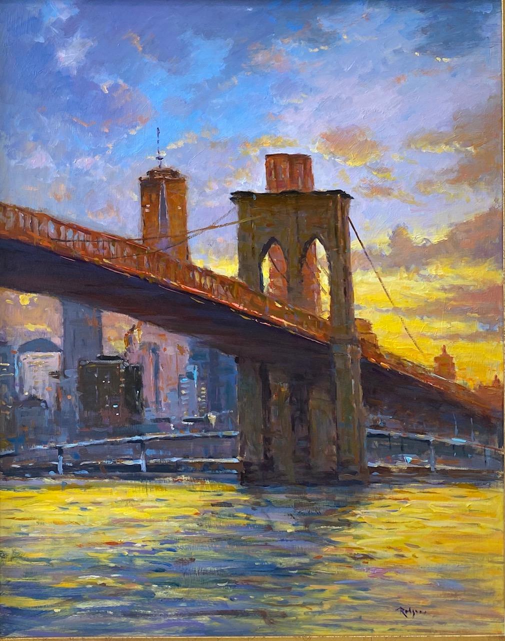 Sunset, Brooklyn Bridge, impressionistische Landschaft im Originalformat 30x24 NYC – Painting von Jim Rodgers