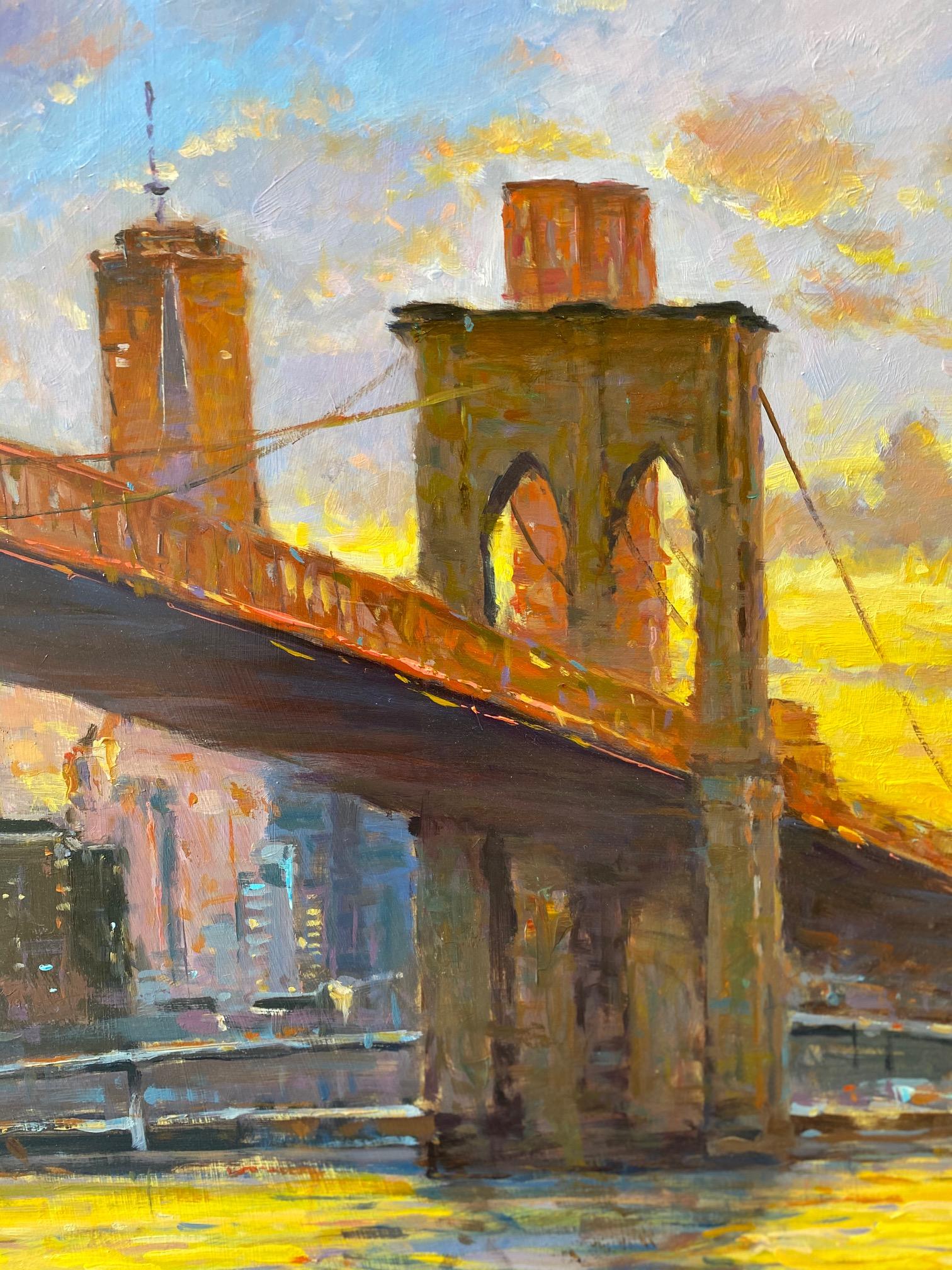 Sunset, Brooklyn Bridge, impressionistische Landschaft im Originalformat 30x24 NYC (Impressionismus), Painting, von Jim Rodgers