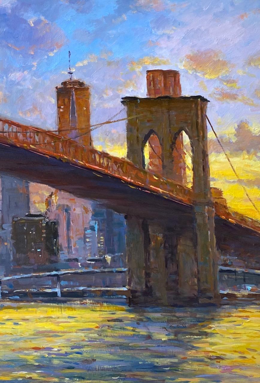 Sunset, Brooklyn Bridge, impressionistische Landschaft im Originalformat 30x24 NYC (Braun), Landscape Painting, von Jim Rodgers