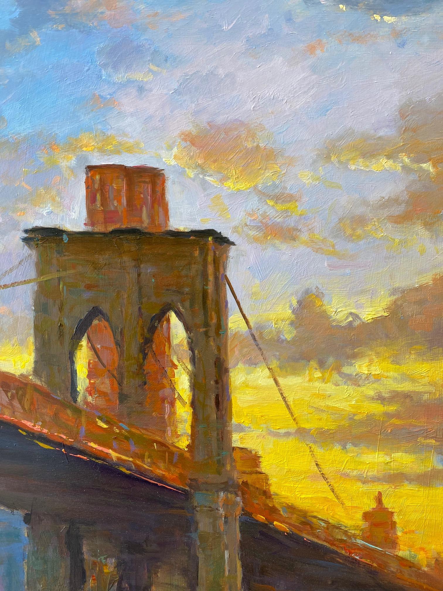 Das Licht des Sonnenuntergangs an der Brooklyn Bridge in New York strahlt auf den Freedom Tower und den East River aus. Mit dem Aufblühen der Renaissance von Brooklyn, New York, wird die Verbindung, die die Brooklyn Bridge zwischen Brooklyn und der