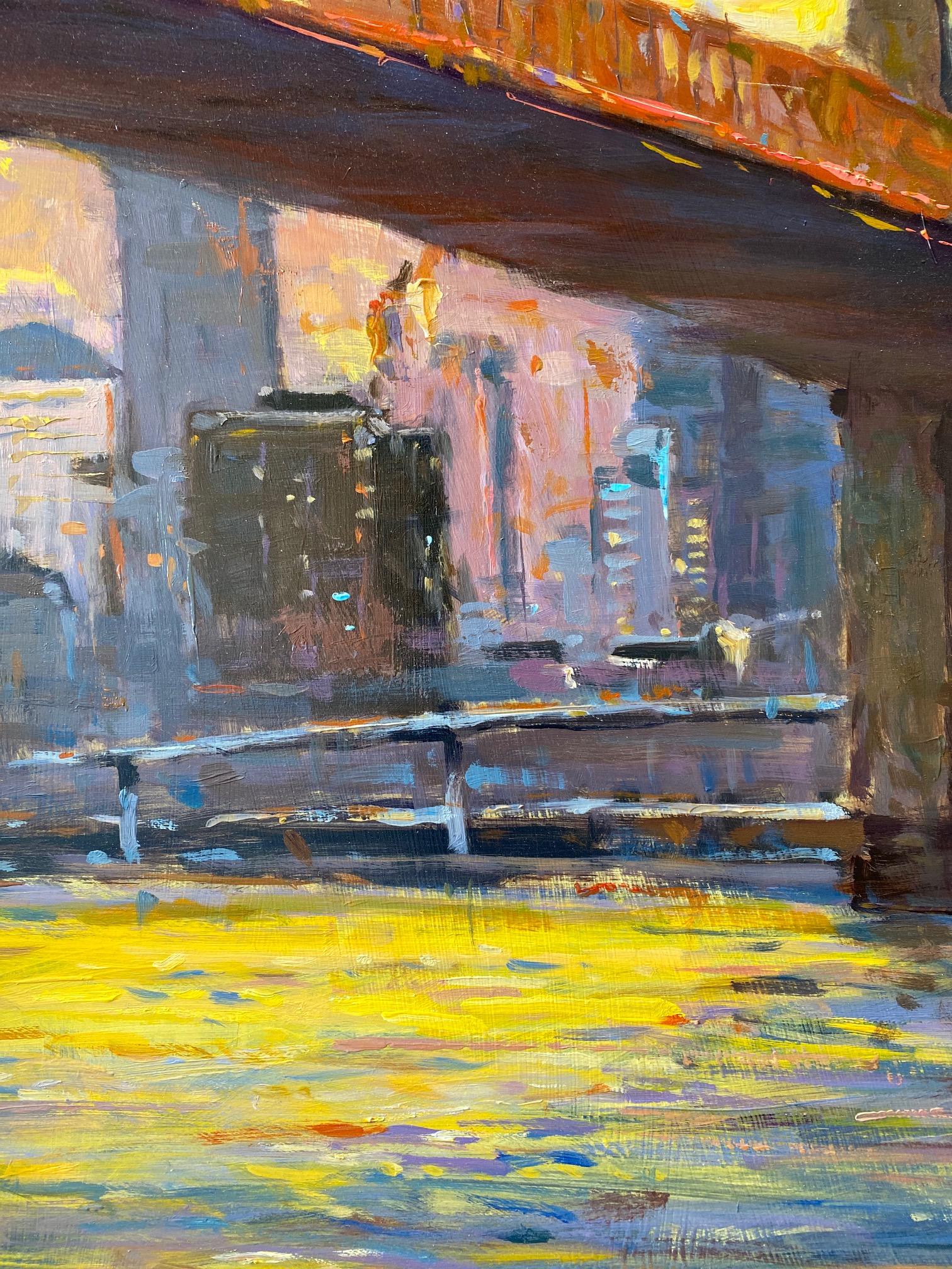 Sunset, Brooklyn Bridge, original 30x24 NYC impressionist landscape - Impressionist Painting by Jim Rodgers