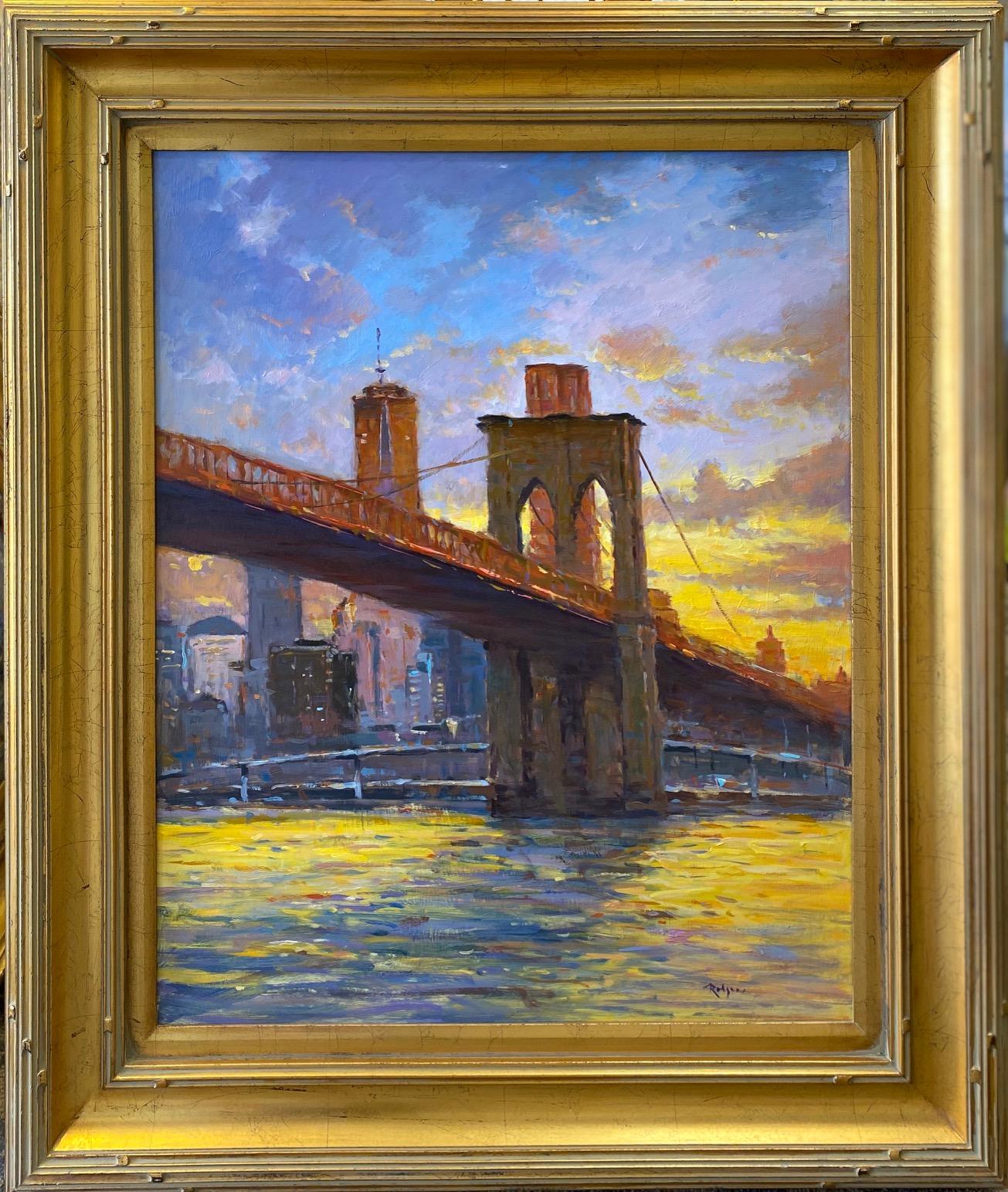Landscape Painting de Jim Rodgers - Puesta de sol, puente de Brooklyn, paisaje impresionista original de NYC de 30x24