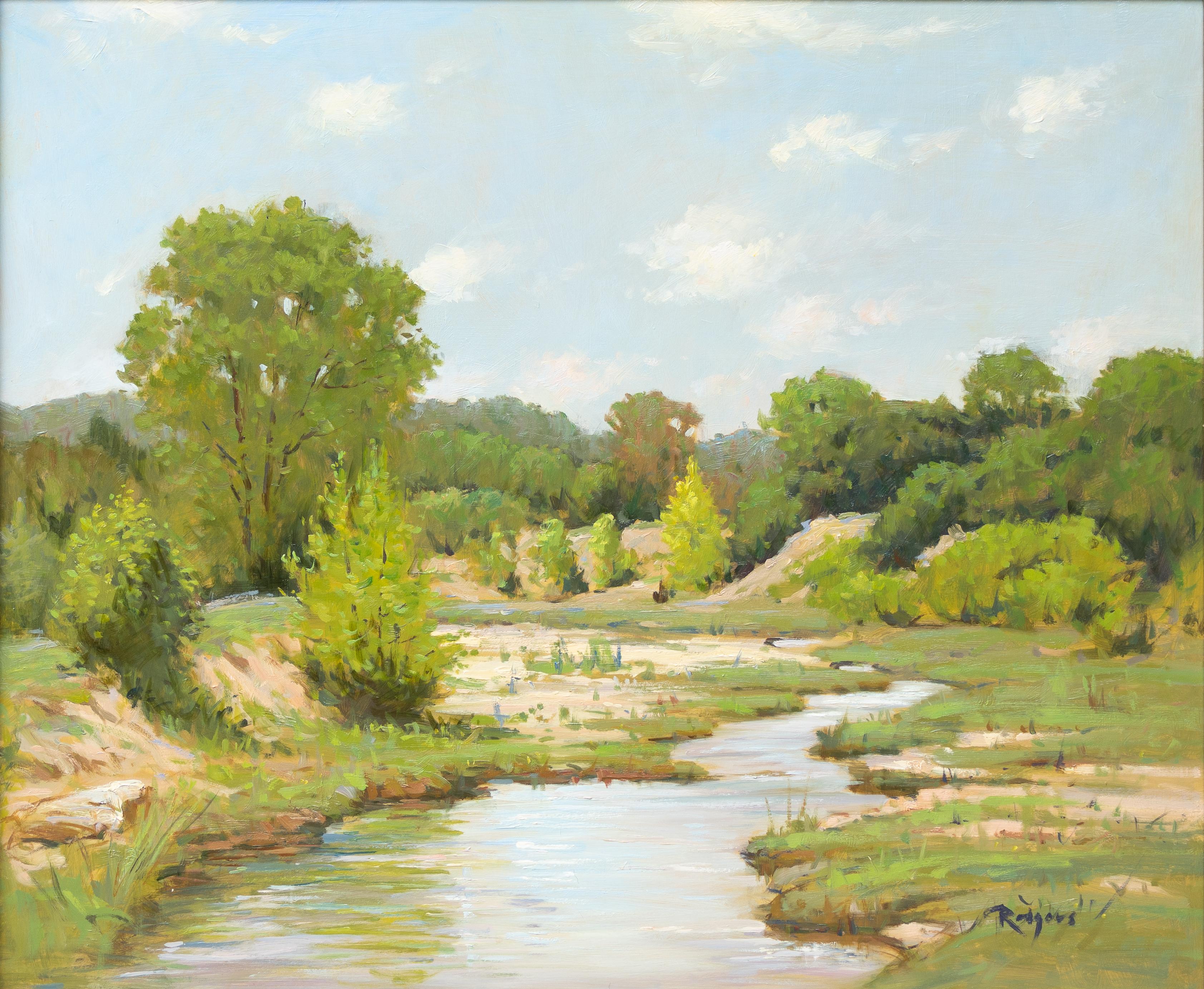 Jim Rodgers Landscape Painting - "Texas Creek" Summer Green Pastoral Landscape 