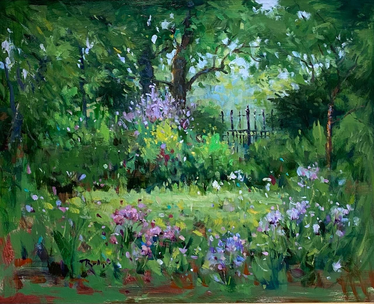 The Garden Gate, Summer, original impressionist garden landscape - Painting by Jim Rodgers