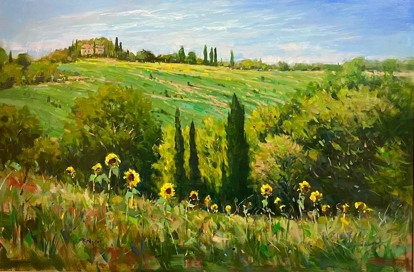 Tuscan Sunflowers, original 24x36 impressionist Italian landscape - Painting by Jim Rodgers