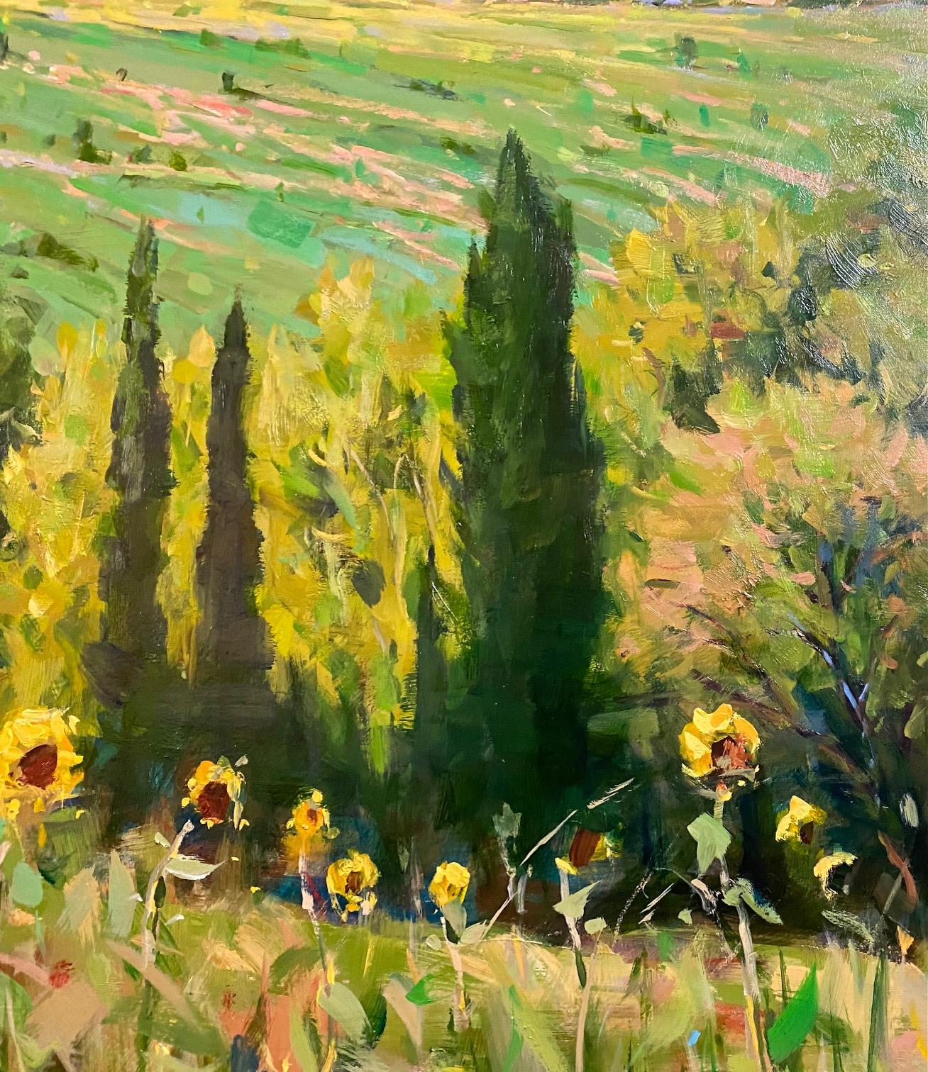 Tuscan Sunflowers, original 24x36 impressionist Italian landscape - Impressionist Painting by Jim Rodgers