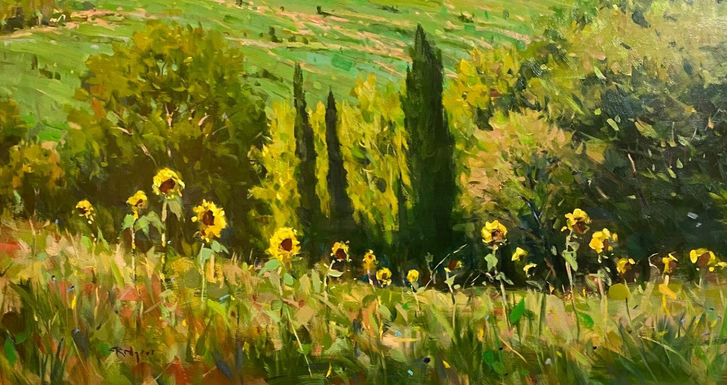 Tuscan Sunflowers, original 24x36 impressionist Italian landscape For Sale 1