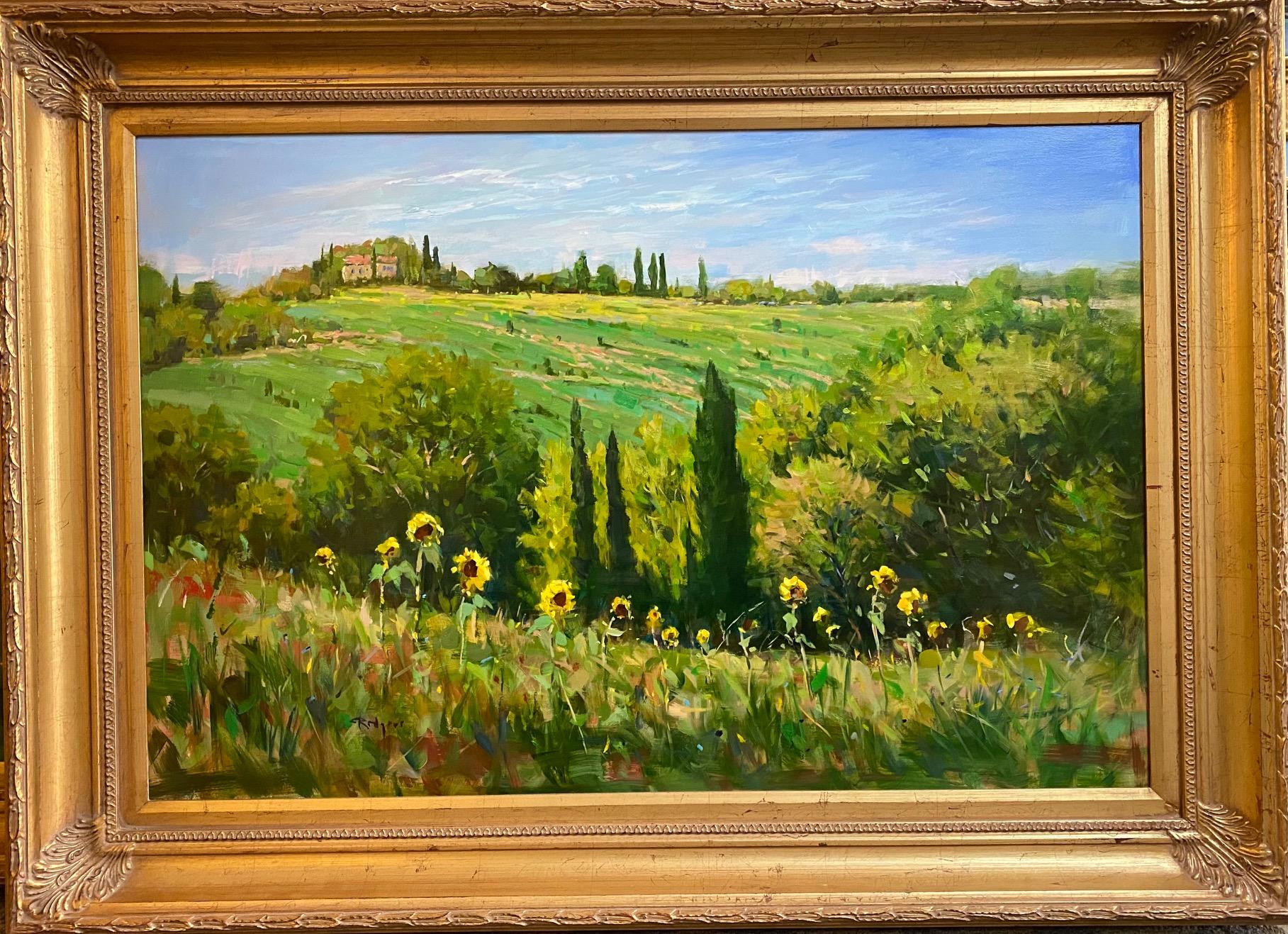 Jim Rodgers Landscape Painting - Tuscan Sunflowers, original 24x36 impressionist Italian landscape