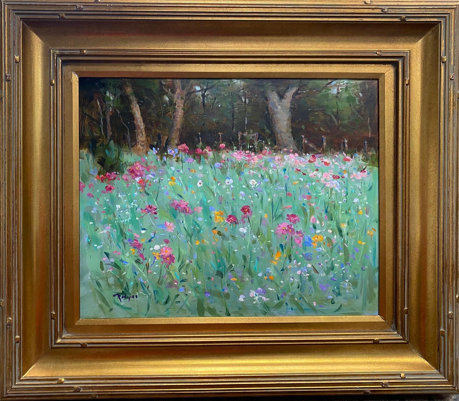 Wildflowers, original contemporary floral impressionist landscape - Painting by Jim Rodgers