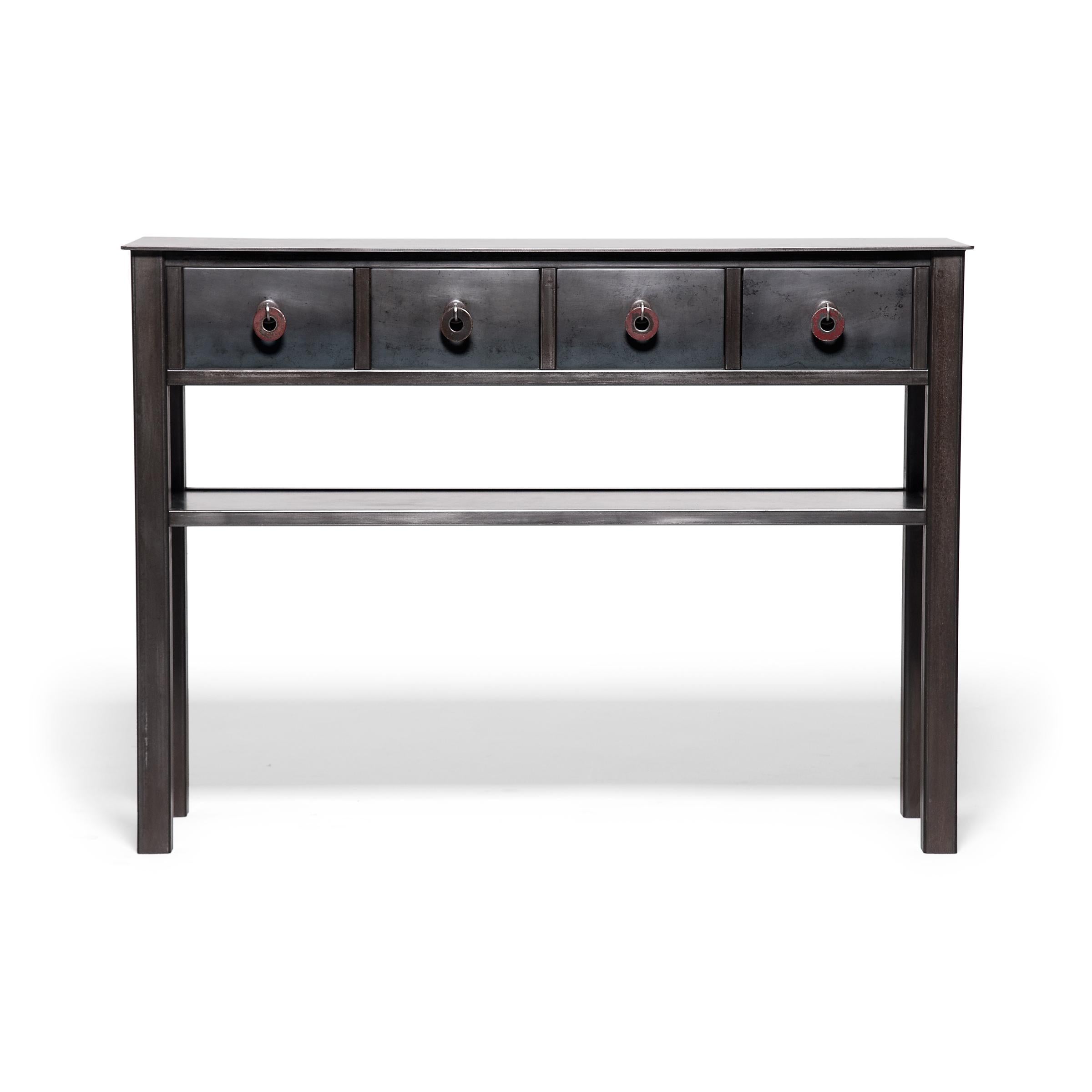 This steel console table by artist Jim Rose forges a connection between Shaker minimalism and the simplified lines and austere aesthetic of Ming-dynasty furniture. The culmination of years of studying the vernacular history of furniture design, this