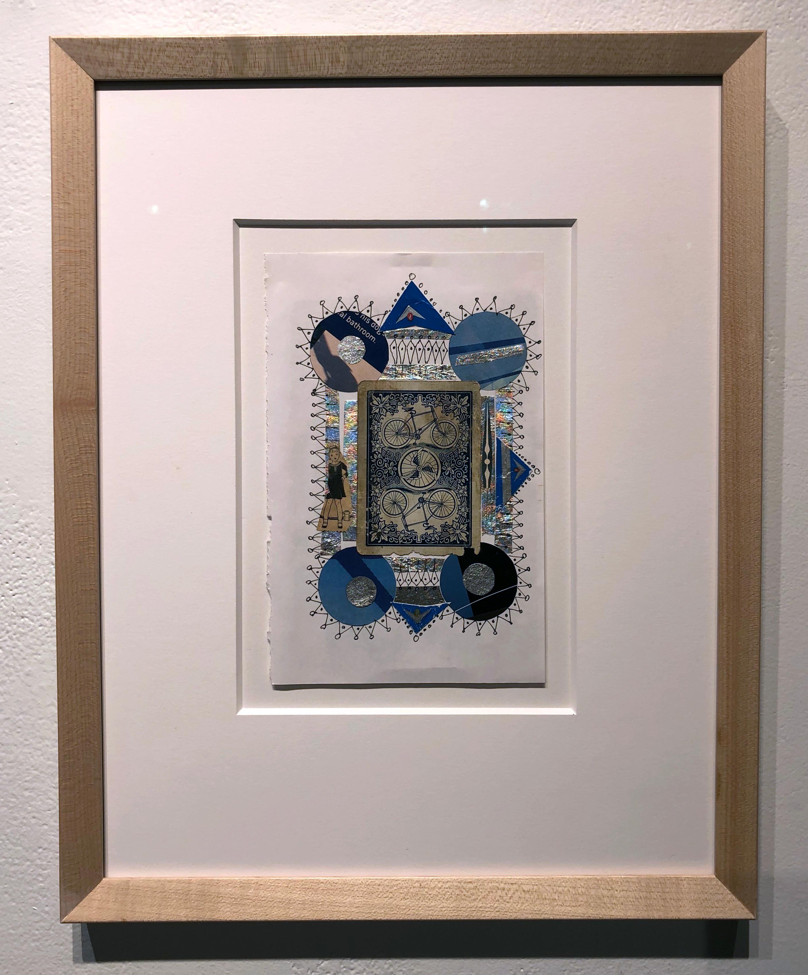 Collage No. 51, Drawing and Collage with Vintage Bicycle Card, Ephemera, Framed - Painting by Jim Rose