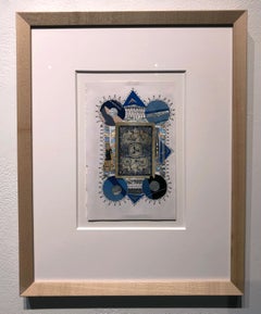 Collage No. 51, Drawing and Collage with Vintage Bicycle Card, Ephemera, Framed