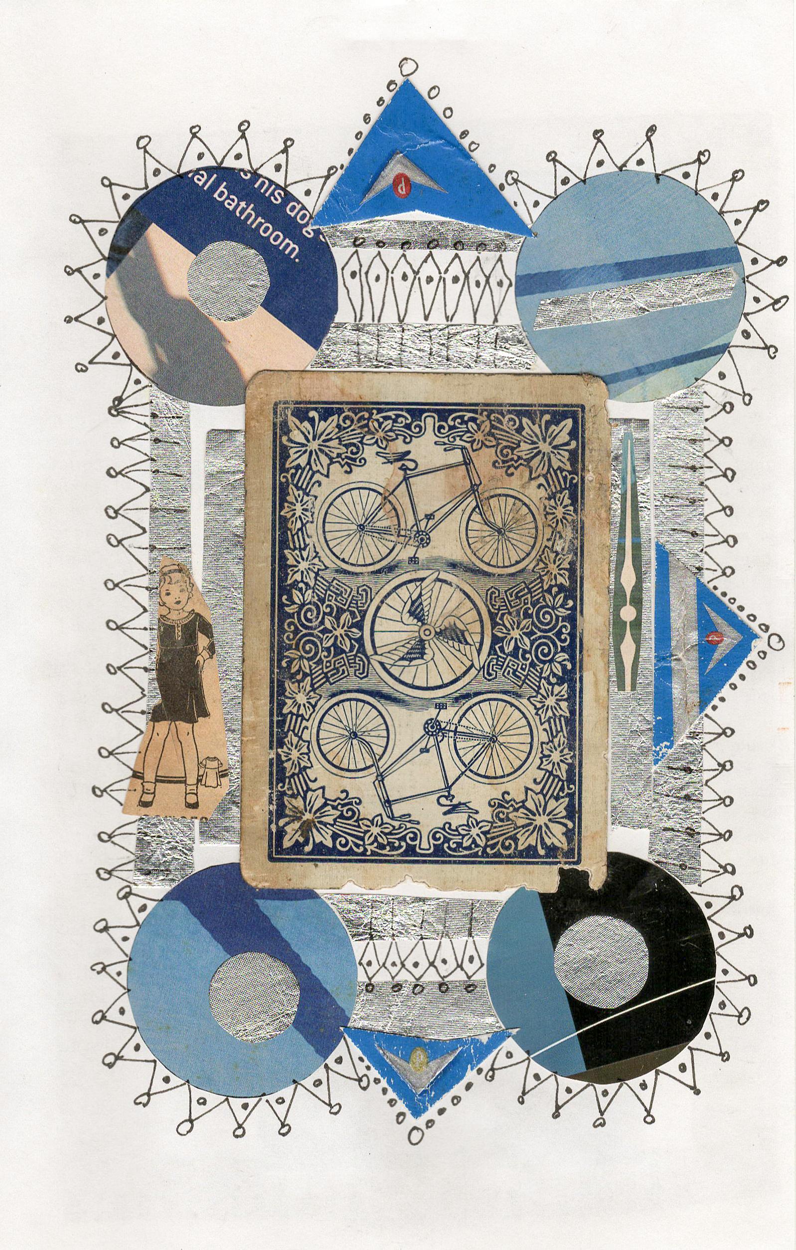 Jim Rose Abstract Painting - Collage No. 51, Drawing and Collage with Vintage Bicycle Card, Ephemera, Framed