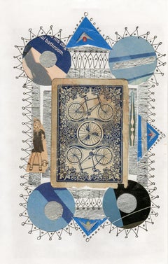 Collage Nr. 51:: Zeichnung und Collage mit Vintage-Bicycle-Karte:: Ephemera:: gerahmt