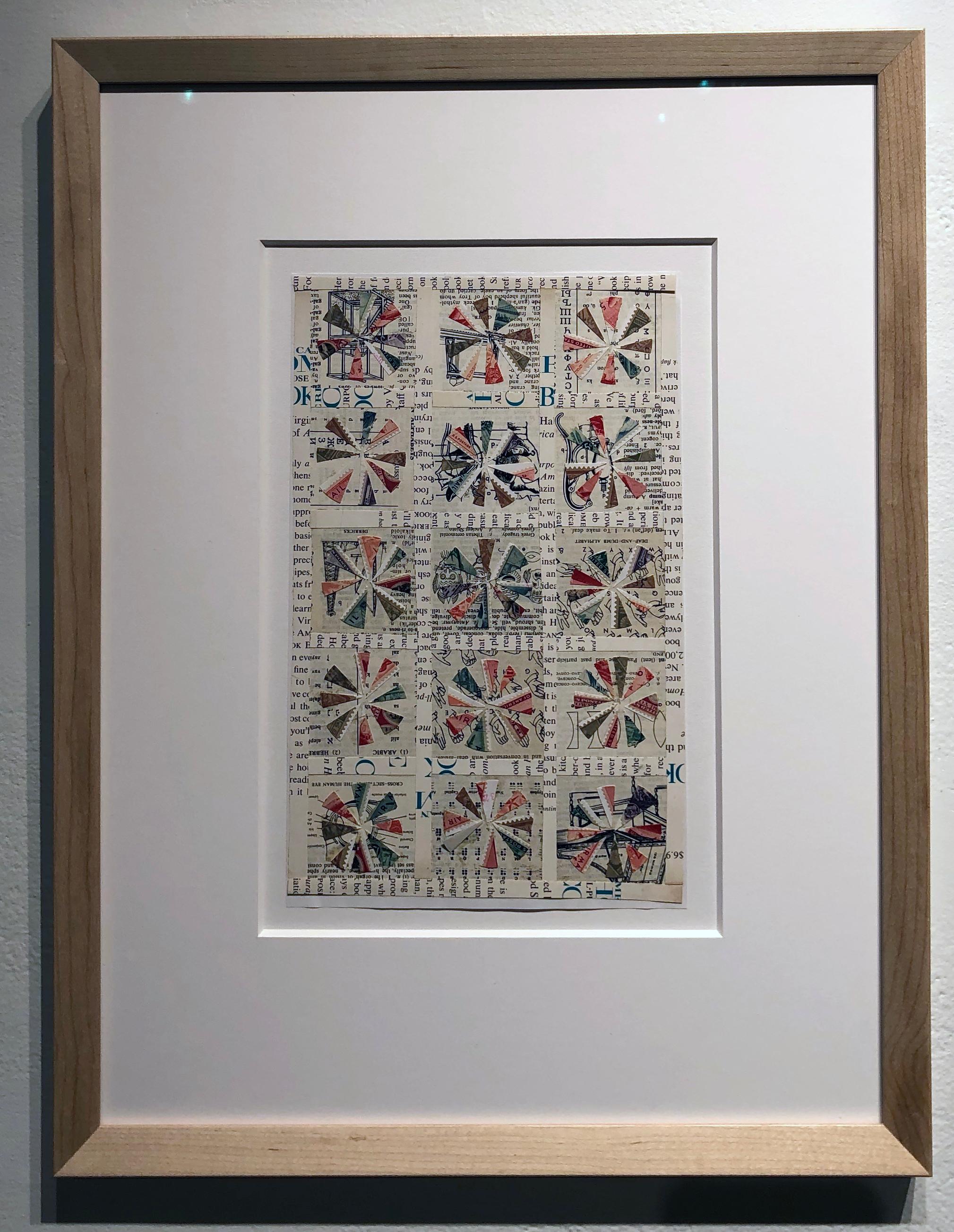 Quilt Pattern Study, Graphic Collage, Vintage Postage Stamps, Matted, Framed - Painting by Jim Rose