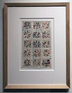 Quilt Pattern Study, Graphic Collage, Vintage Postage Stamps, Matted, Framed