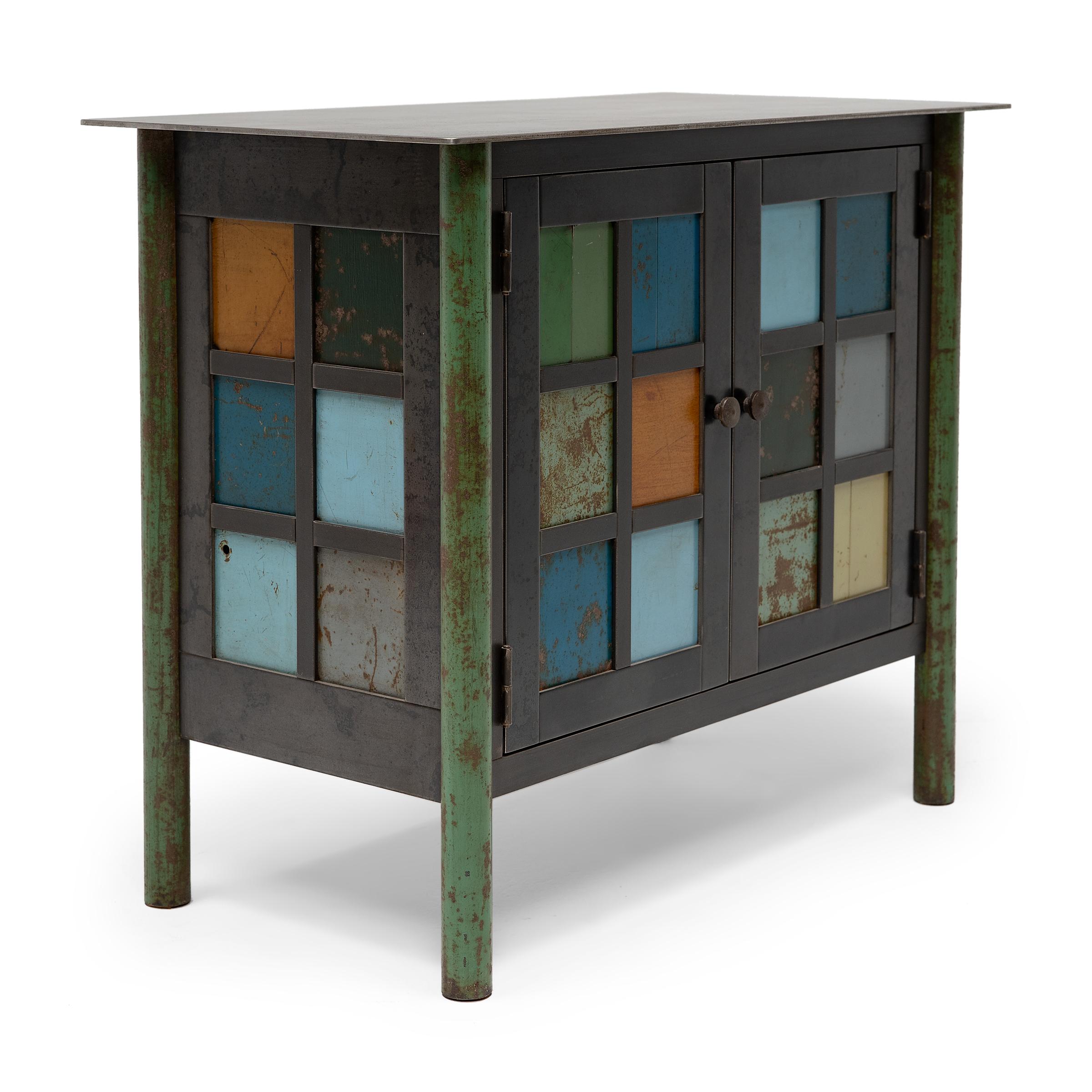 This steel side cabinet by artist Jim Rose exemplifies industrial chic with timeless simplicity and handcrafted touch. Inspired by Shaker minimalism, the chest is crafted from found steel with a hot rolled steel frame and legs made from salvaged