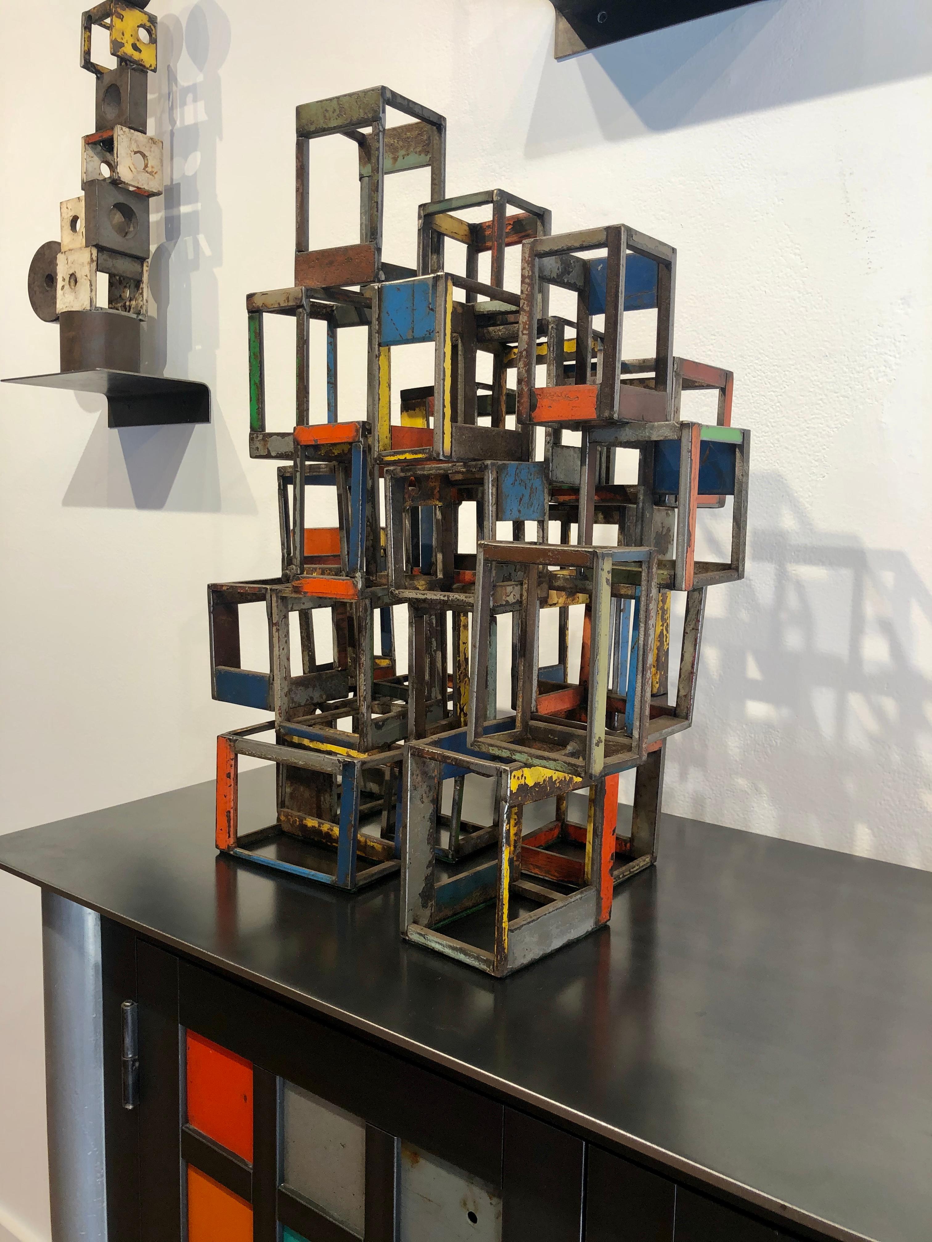 Object 2031 - Stacked Boxes Geometric Sculpture Made with Salvaged Steel - Black Abstract Sculpture by Jim Rose