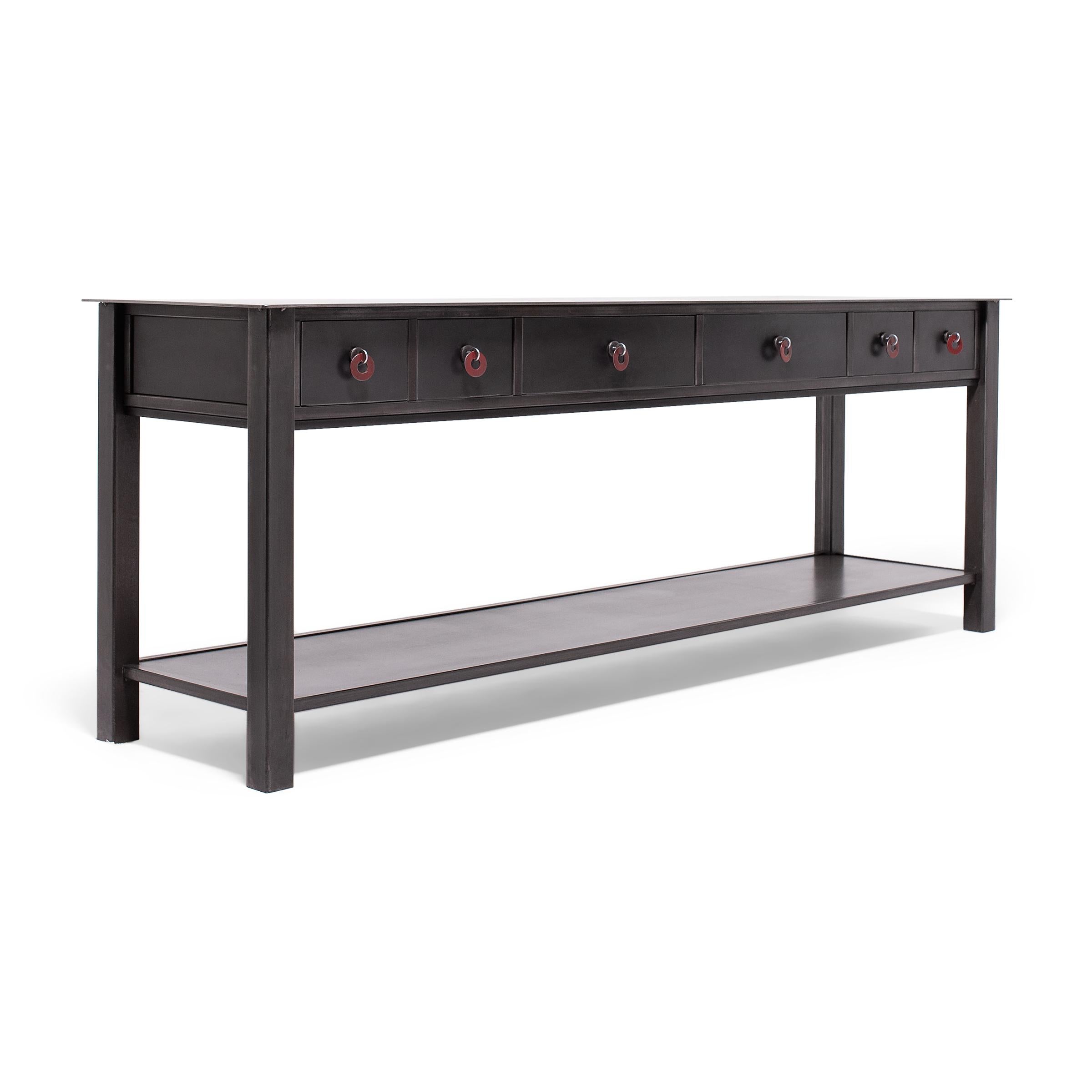 This steel console table by artist Jim Rose forges a connection between Shaker minimalism and the simplified lines and austere aesthetic of Ming-dynasty furniture. The culmination of years of studying the vernacular history of furniture design, his