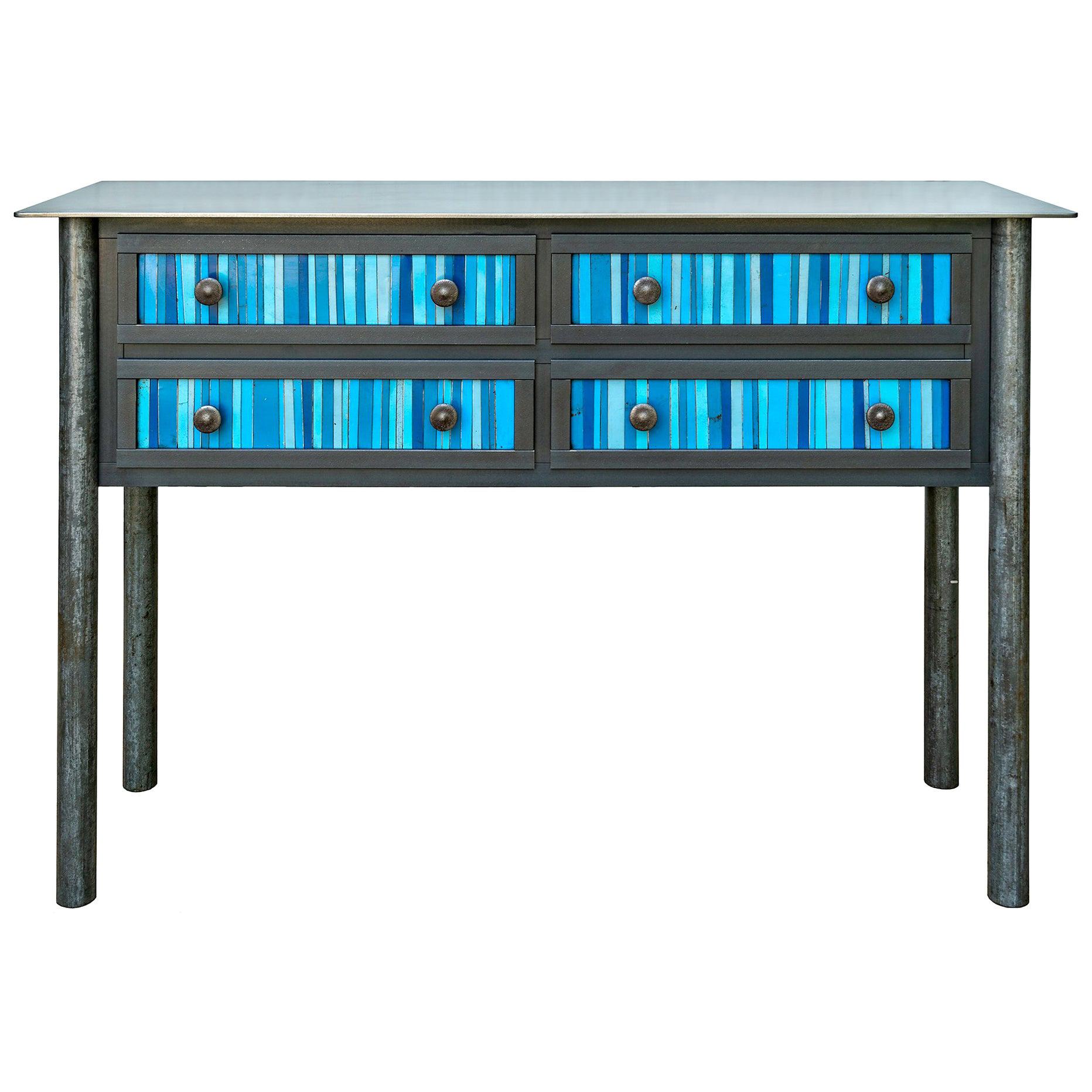 Jim Rose Steel Furniture - Four Drawer Gee's Bend Blue Strip Quilt Cupboard