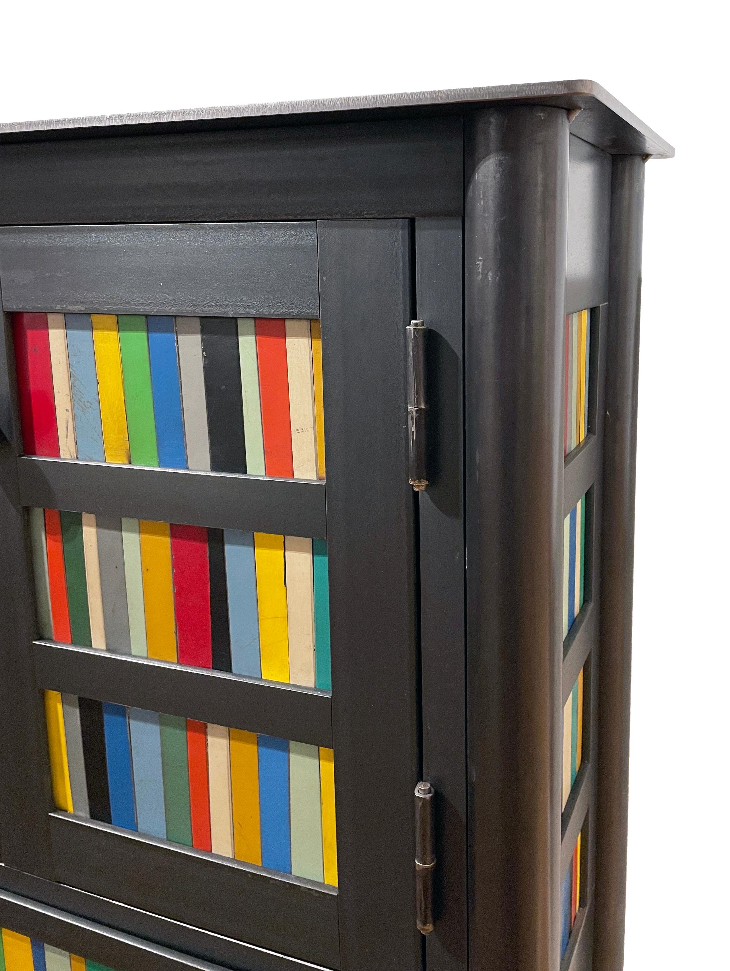 Mid-Century Modern Jim Rose Steel Furniture, Multi-Colored Narrow Two Door Cabinet with Drawer