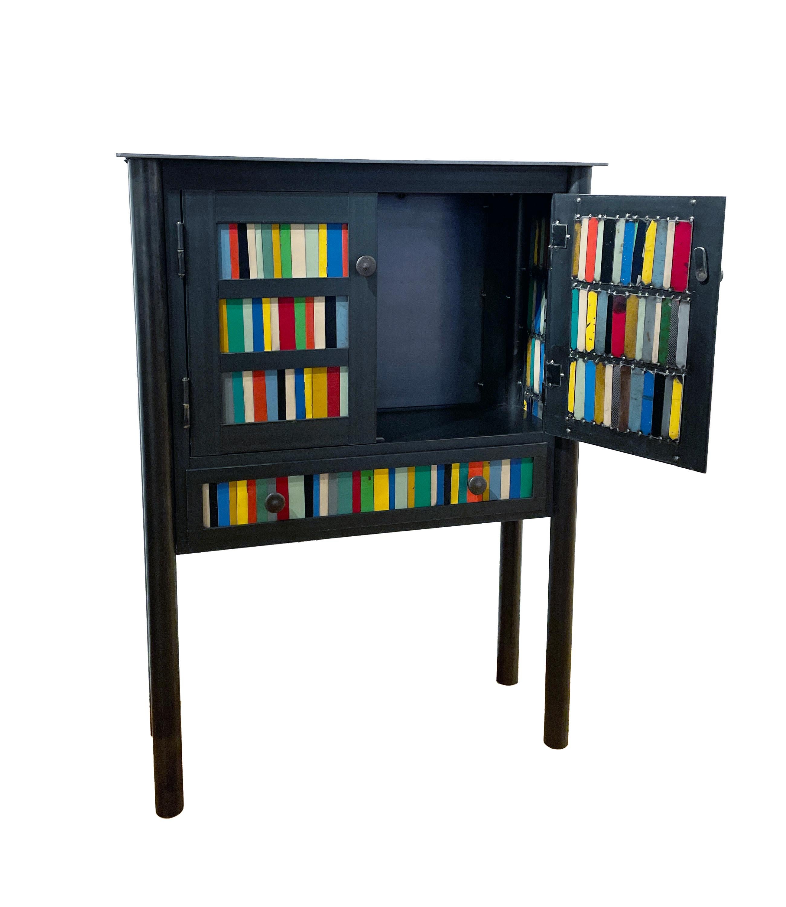 Welded Jim Rose Steel Furniture, Multi-Colored Narrow Two Door Cabinet with Drawer