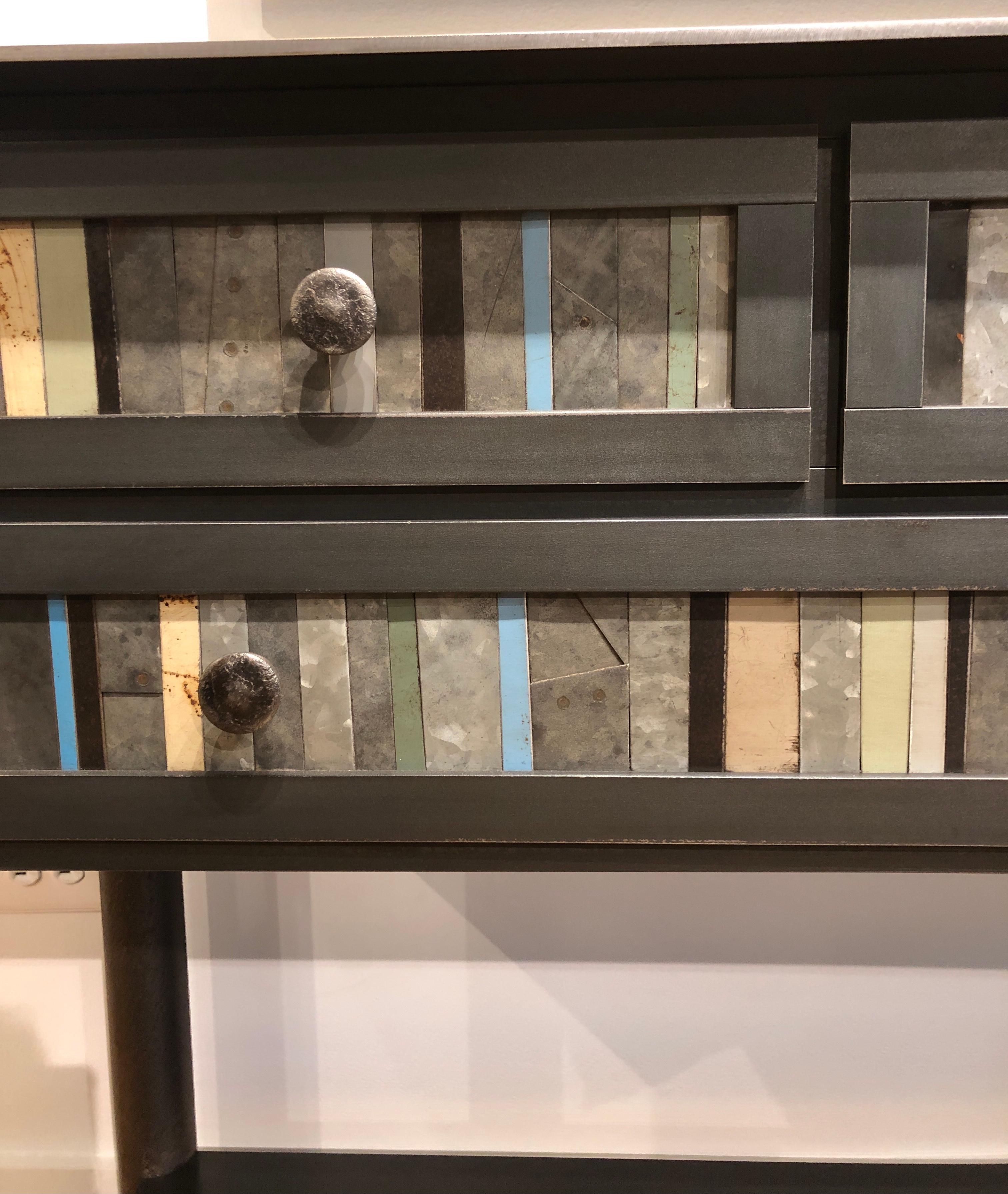 Welded Jim Rose Steel Furniture, Six-Drawer Strip Quilt Counter with Shelf