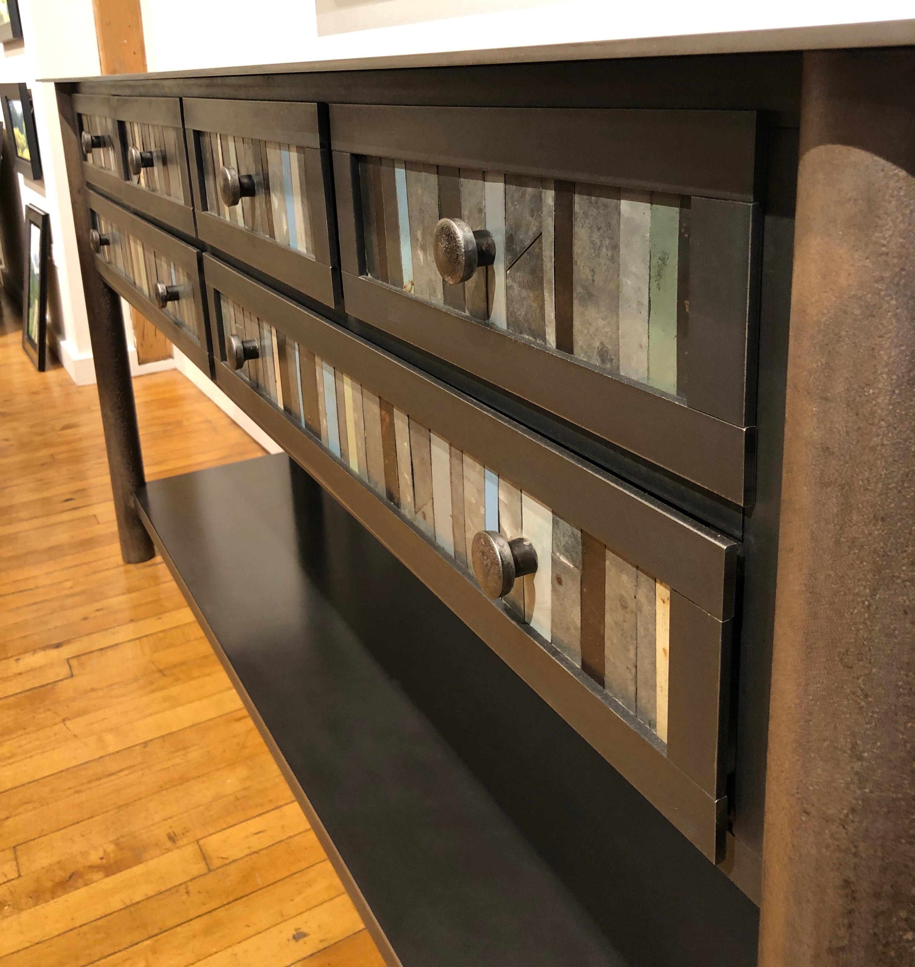 Contemporary Jim Rose Steel Furniture, Six-Drawer Strip Quilt Counter with Shelf