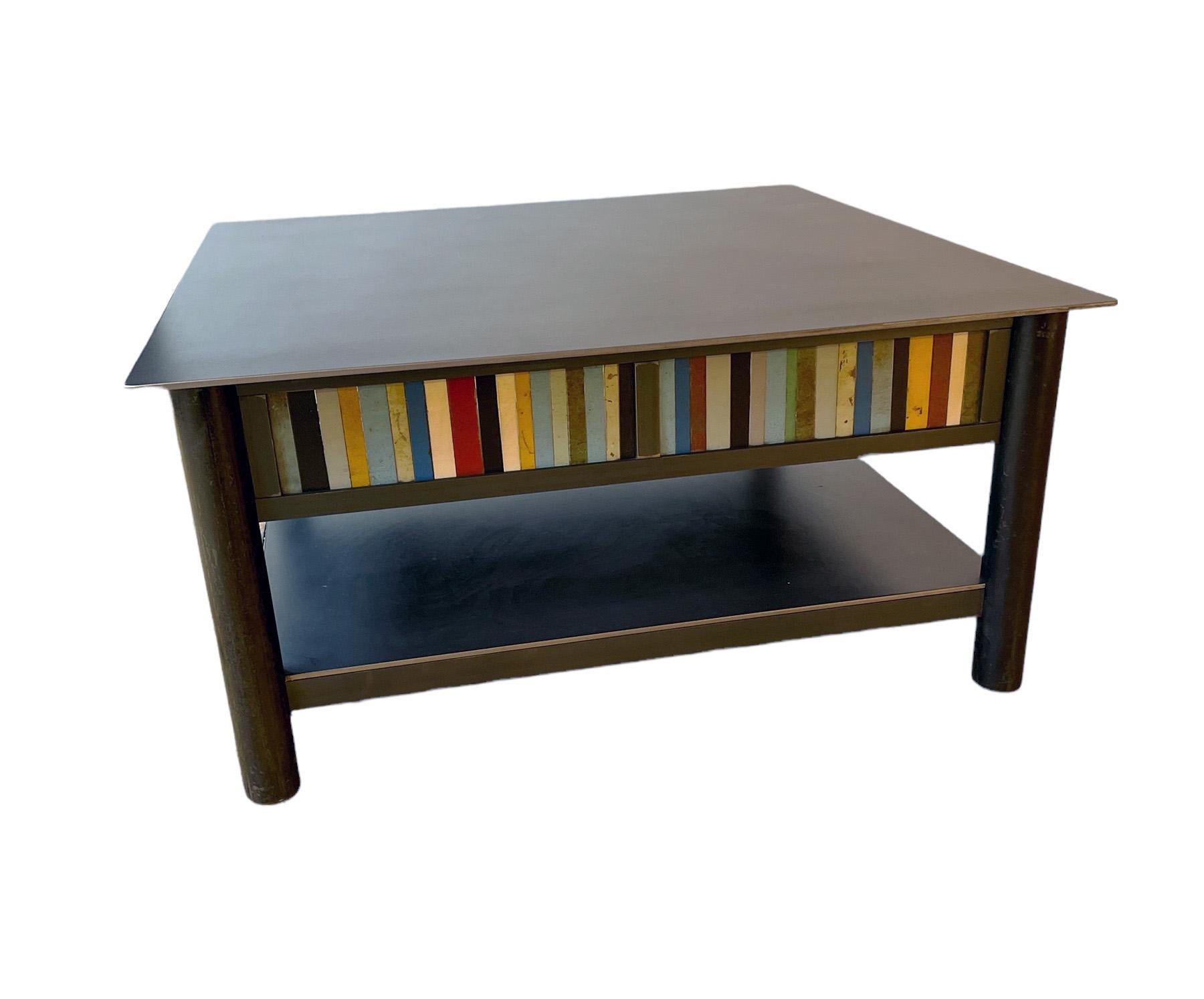 Mid-Century Modern Jim Rose Steel Furniture, Square Coffee Table with Shelf and Multi-Color Panels