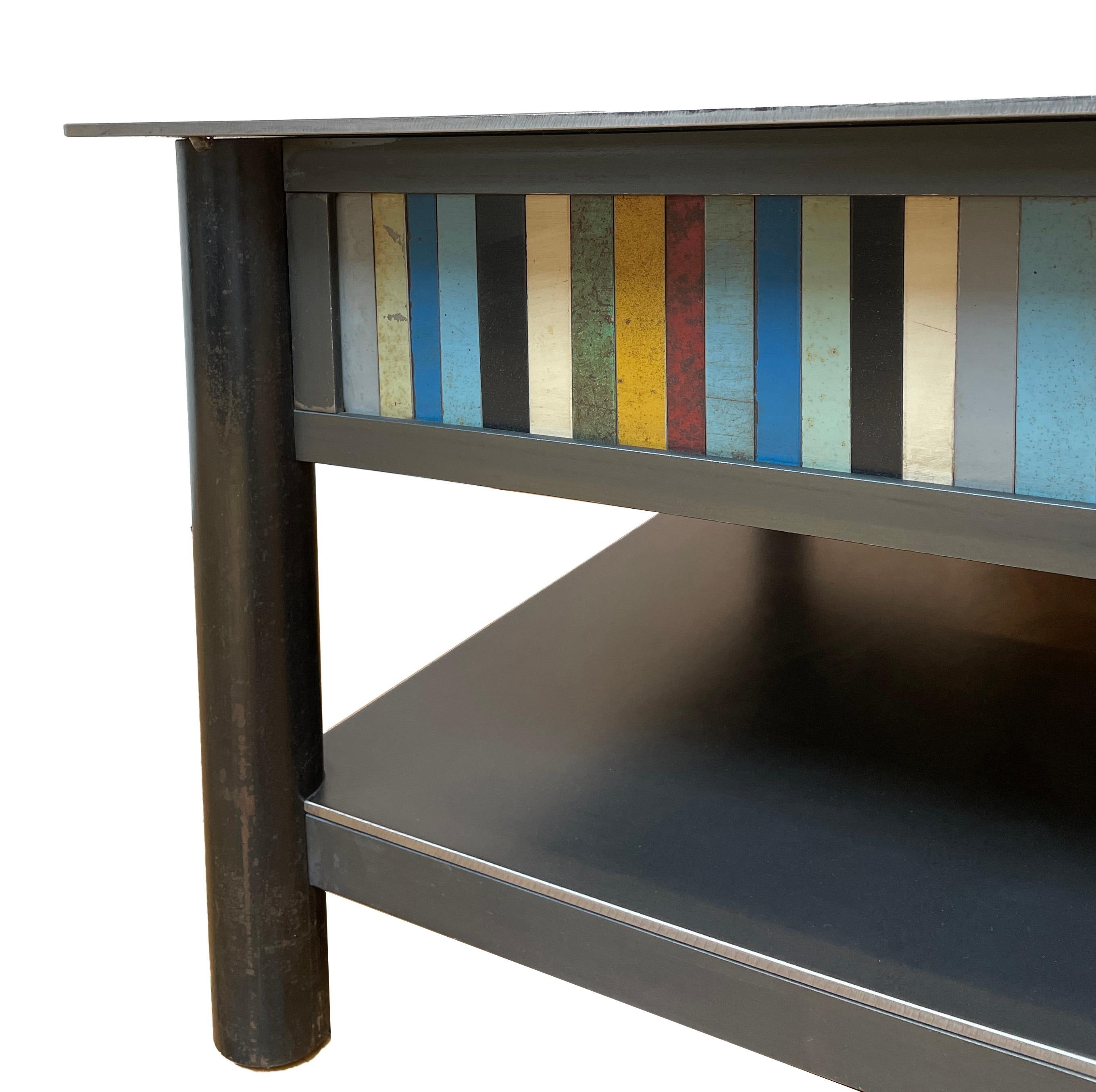 American Jim Rose Steel Furniture, Square Coffee Table with Shelf and Multi-Color Panels