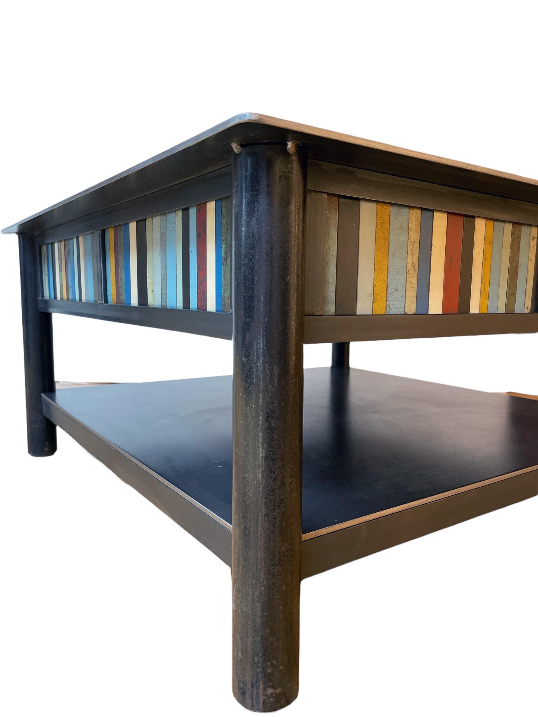 Welded Jim Rose Steel Furniture, Square Coffee Table with Shelf and Multi-Color Panels