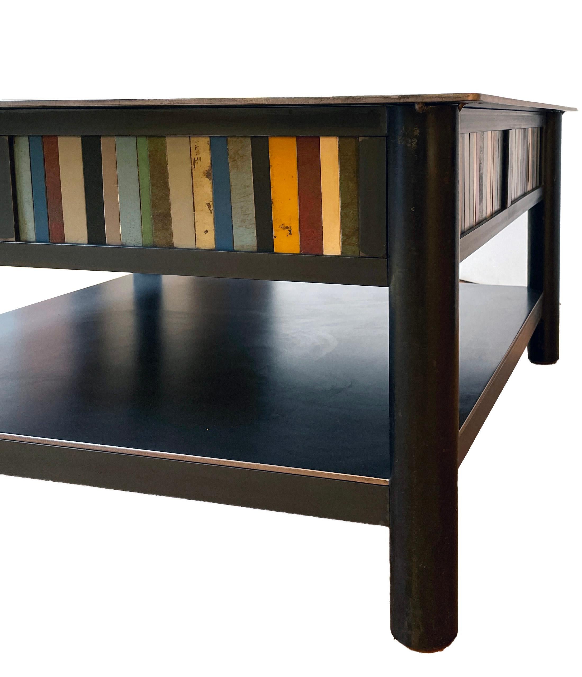 Jim Rose Steel Furniture, Square Coffee Table with Shelf and Multi-Color Panels In New Condition In Chicago, IL