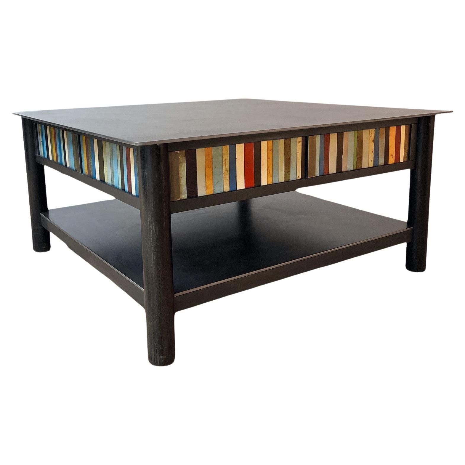 Jim Rose Steel Furniture, Square Coffee Table with Shelf and Multi-Color Panels