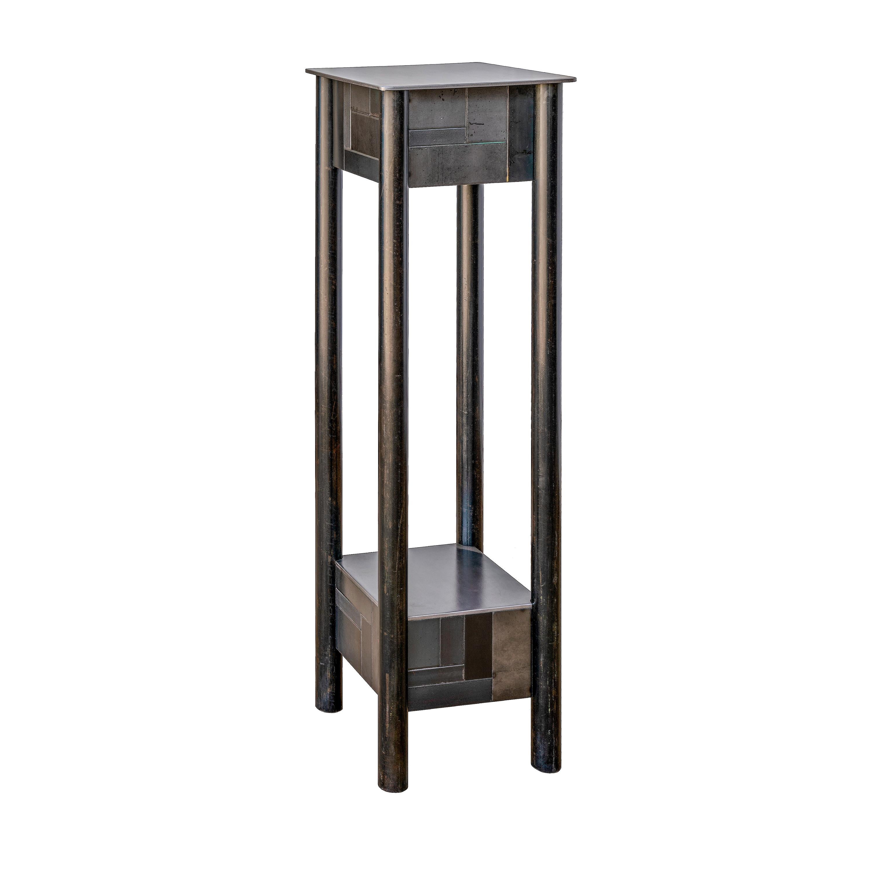 Jim Rose Steel Pedestal, Welded Steel with Shelf, Monochromatic Quilt Pattern