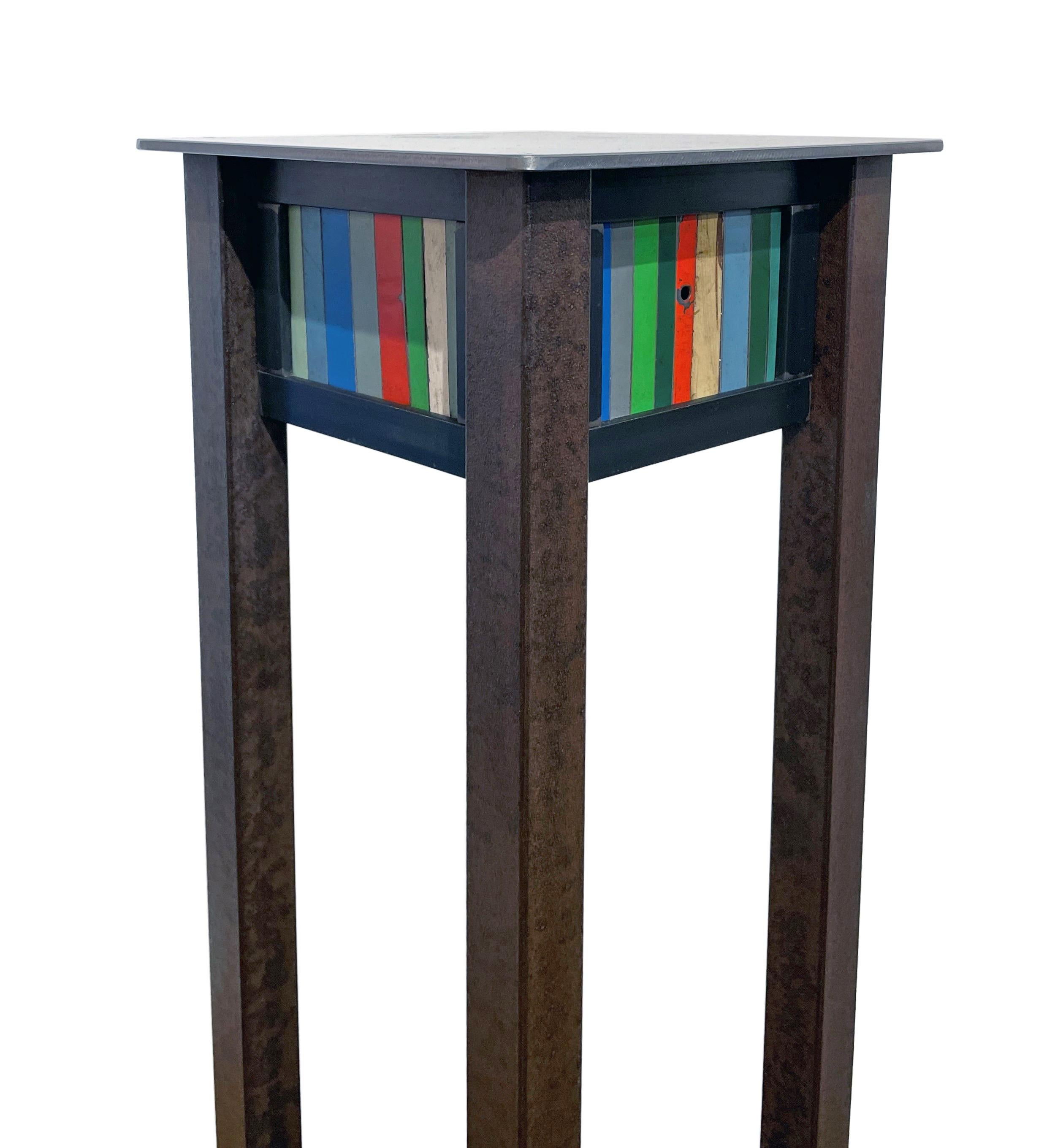 American Jim Rose Steel Pedestal, Welded Steel with Shelf, Brightly Colored Quilt Pattern