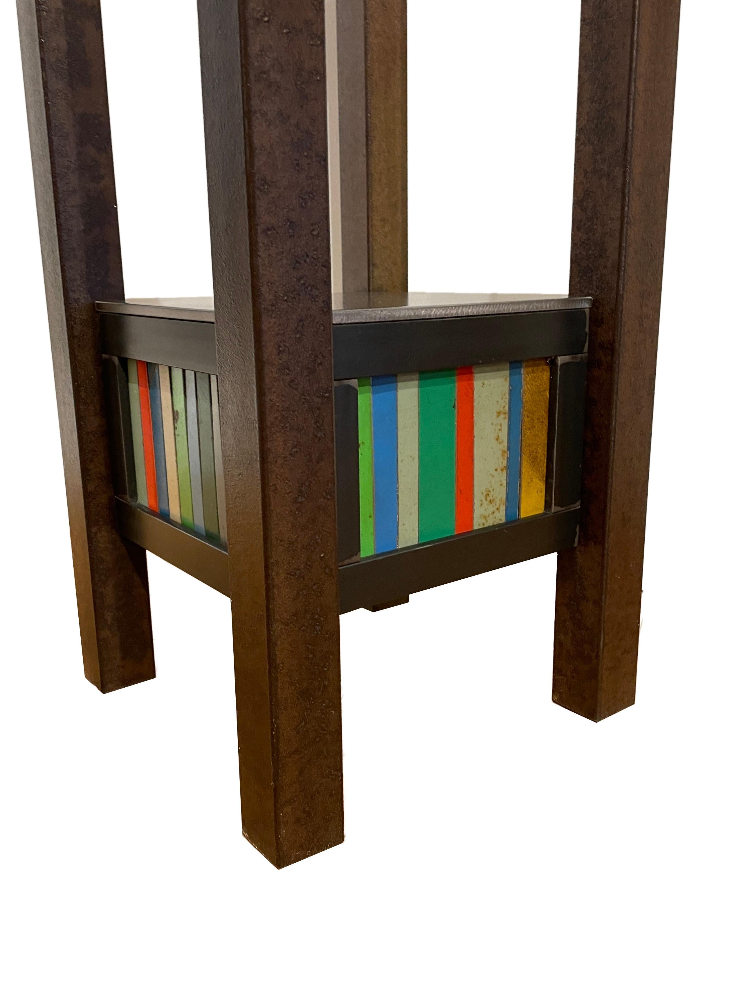 Contemporary Jim Rose Steel Pedestal, Welded Steel with Shelf, Brightly Colored Quilt Pattern