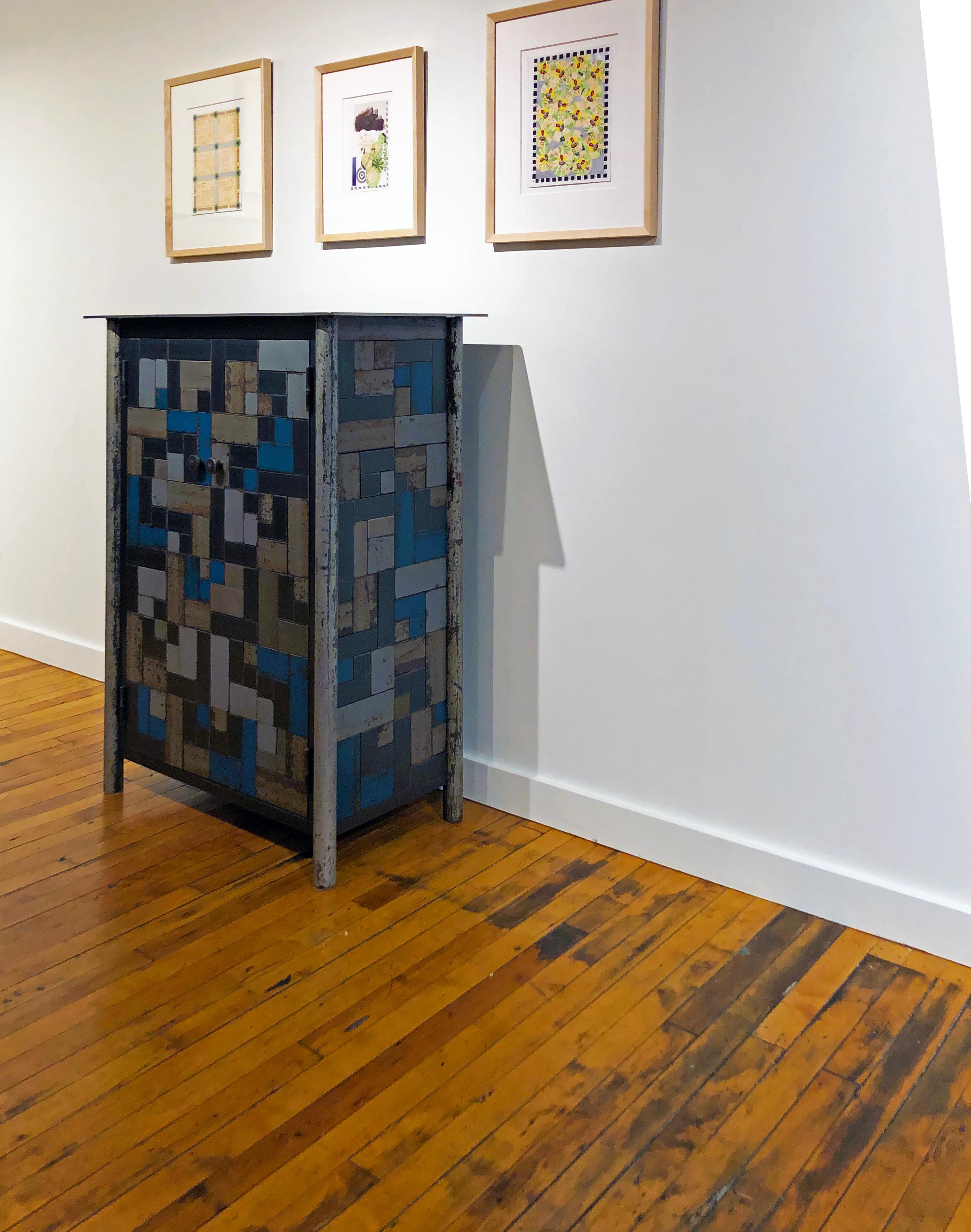Contemporary Jim Rose Two-Door Housetop Weave Multi-Color Steel Quilt Pattern Cupboard