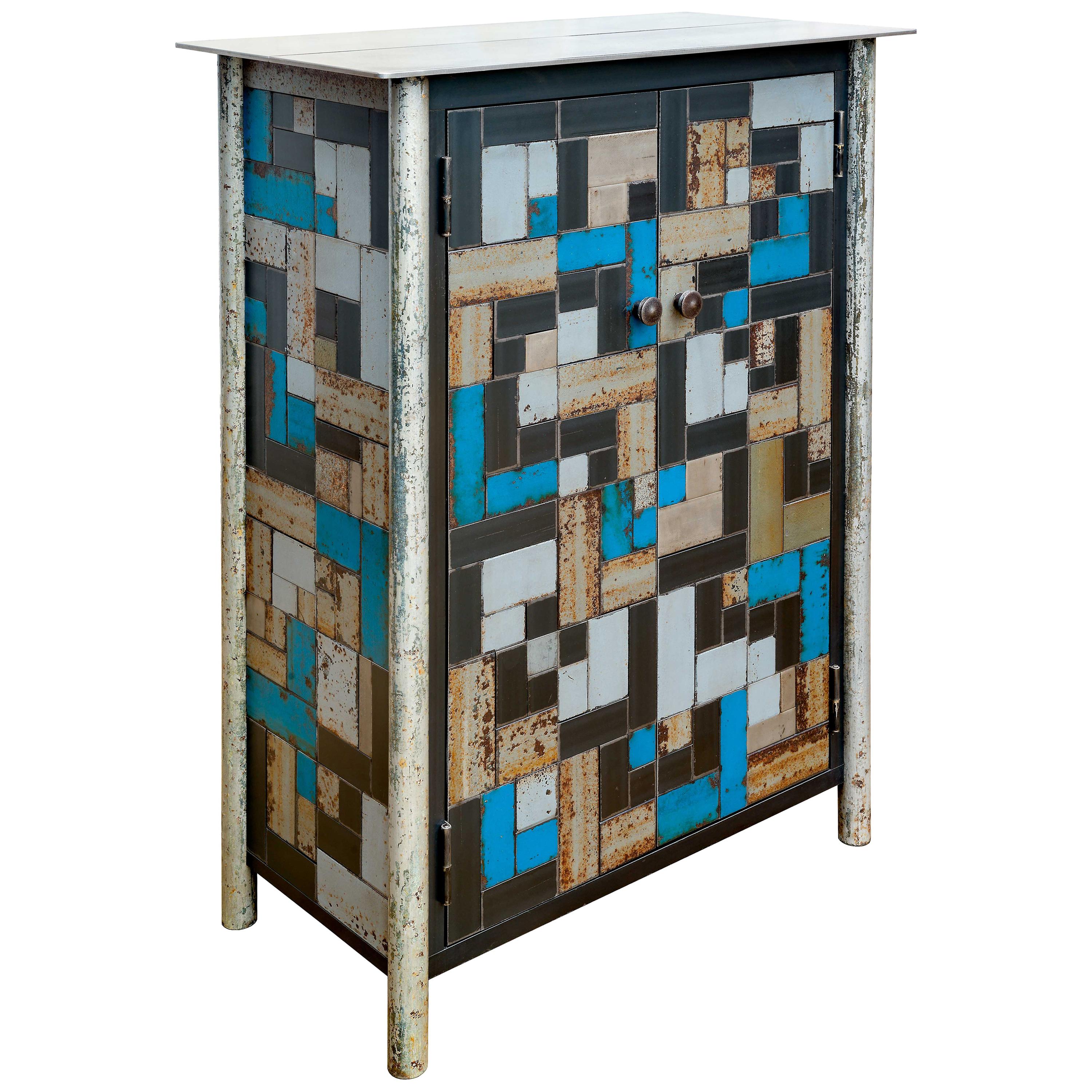 Jim Rose Two-Door Housetop Weave Multi-Color Steel Quilt Pattern Cupboard
