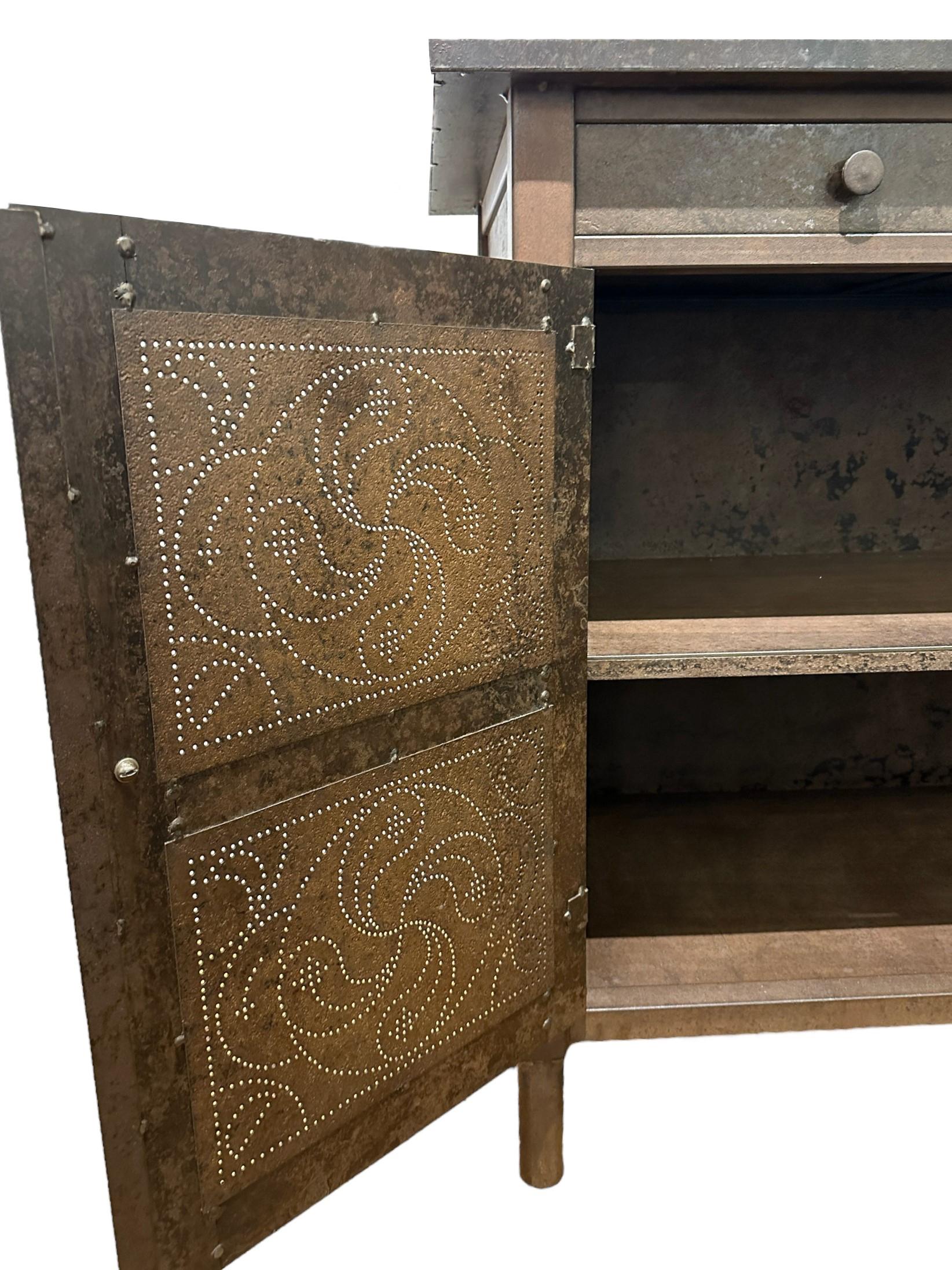 Jim Rose Two Drawer/Two Door Pie Safe with Drilled Holes, Natural Rusted Patina In Excellent Condition For Sale In Chicago, IL