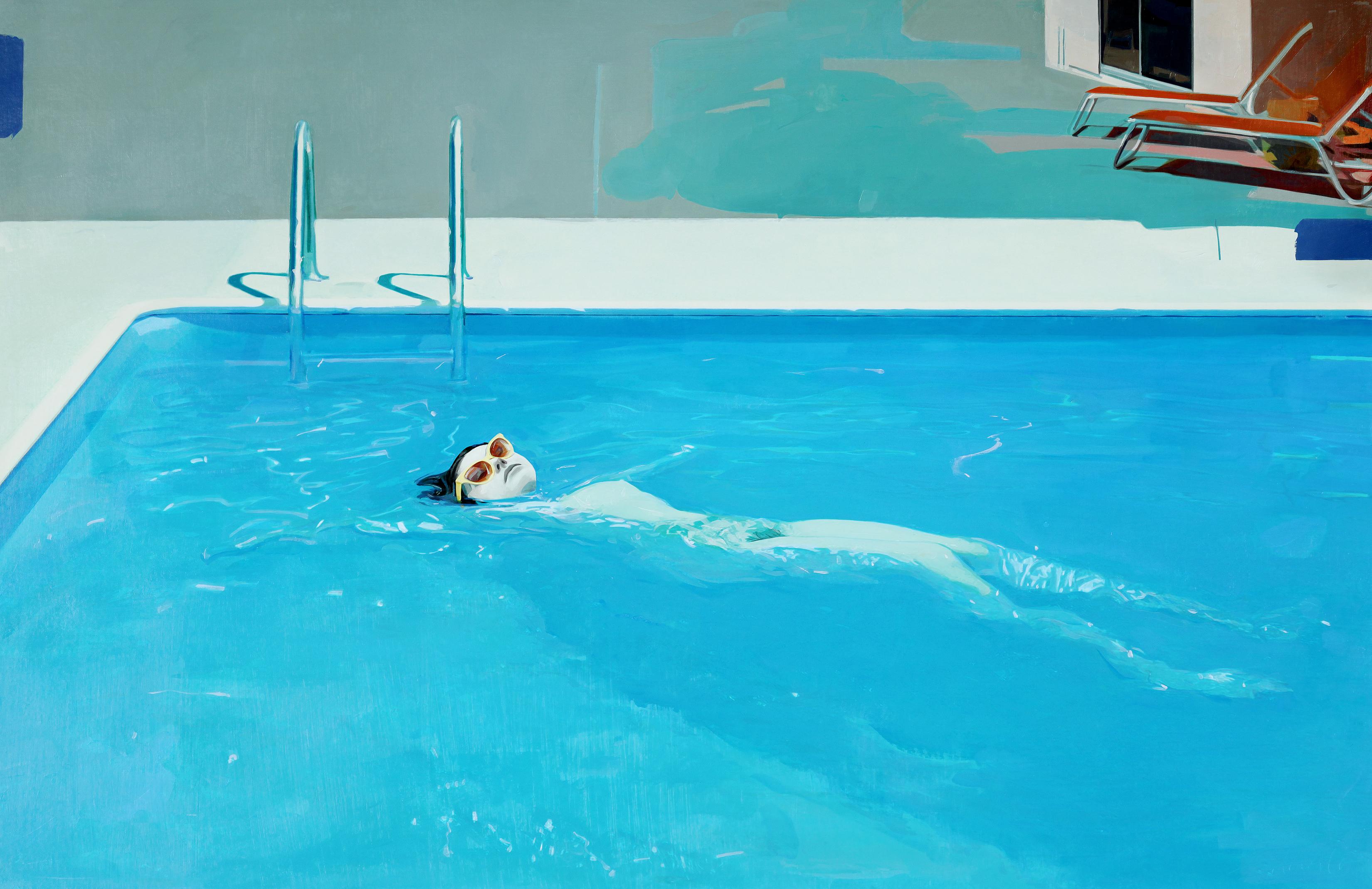 La série "Pool" de Jim Salvati présente le réalisme engageant de l'artiste dans un paysage Hockney-esque de piscines aigue-marine brunies par le soleil de Californie. Les peintures de Salvati représentent généralement une figure solitaire, mais ce