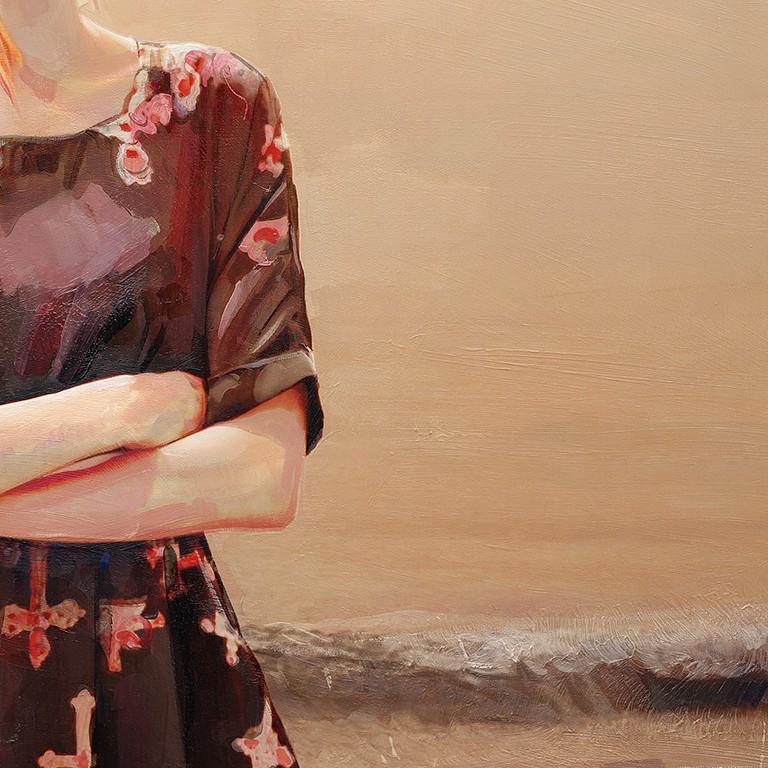 Simone 2, Peinture à l'huile réaliste, Portrait contemporain, Peinture d'une fille  - Marron Portrait Painting par Jim Salvati