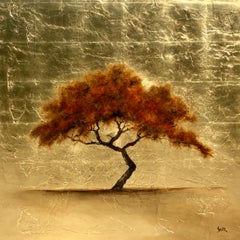 Danza d'autunno di Jim Seitz, Quadro d'albero in acrilico e foglie d'argento su tela
