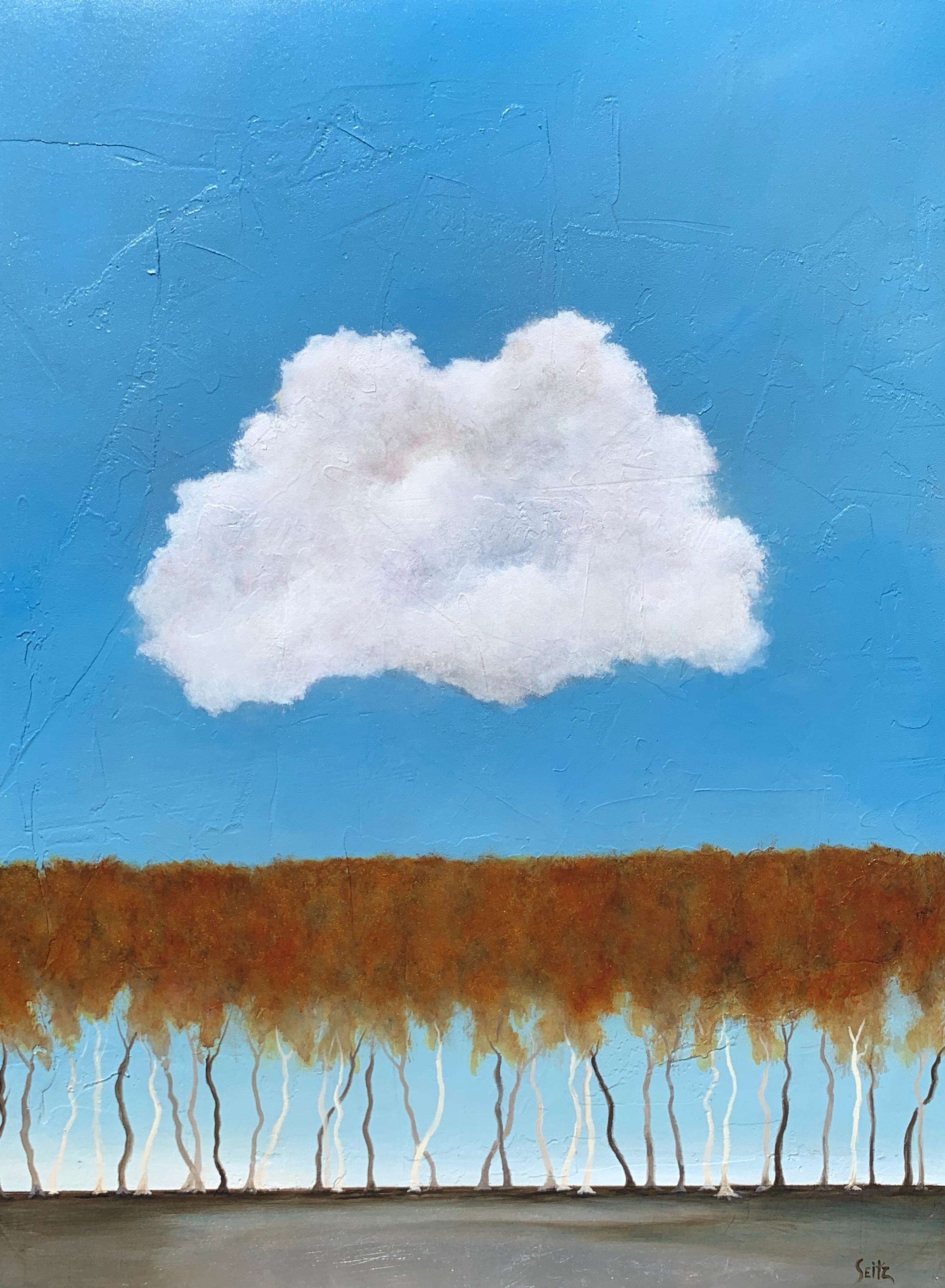 Danza otoñal" es un gran cuadro paisajístico minimalista de acrílico y pan de plata sobre lienzo, de formato vertical, creado por el artista estadounidense Jim Seitz en 2021. Con una paleta de tonos azules, marrones, blancos y verdes, este cuadro